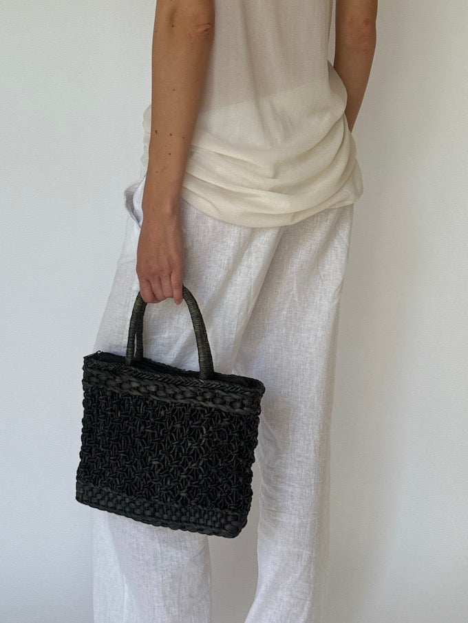 Vintage Handwoven Raffia Tote black 5933