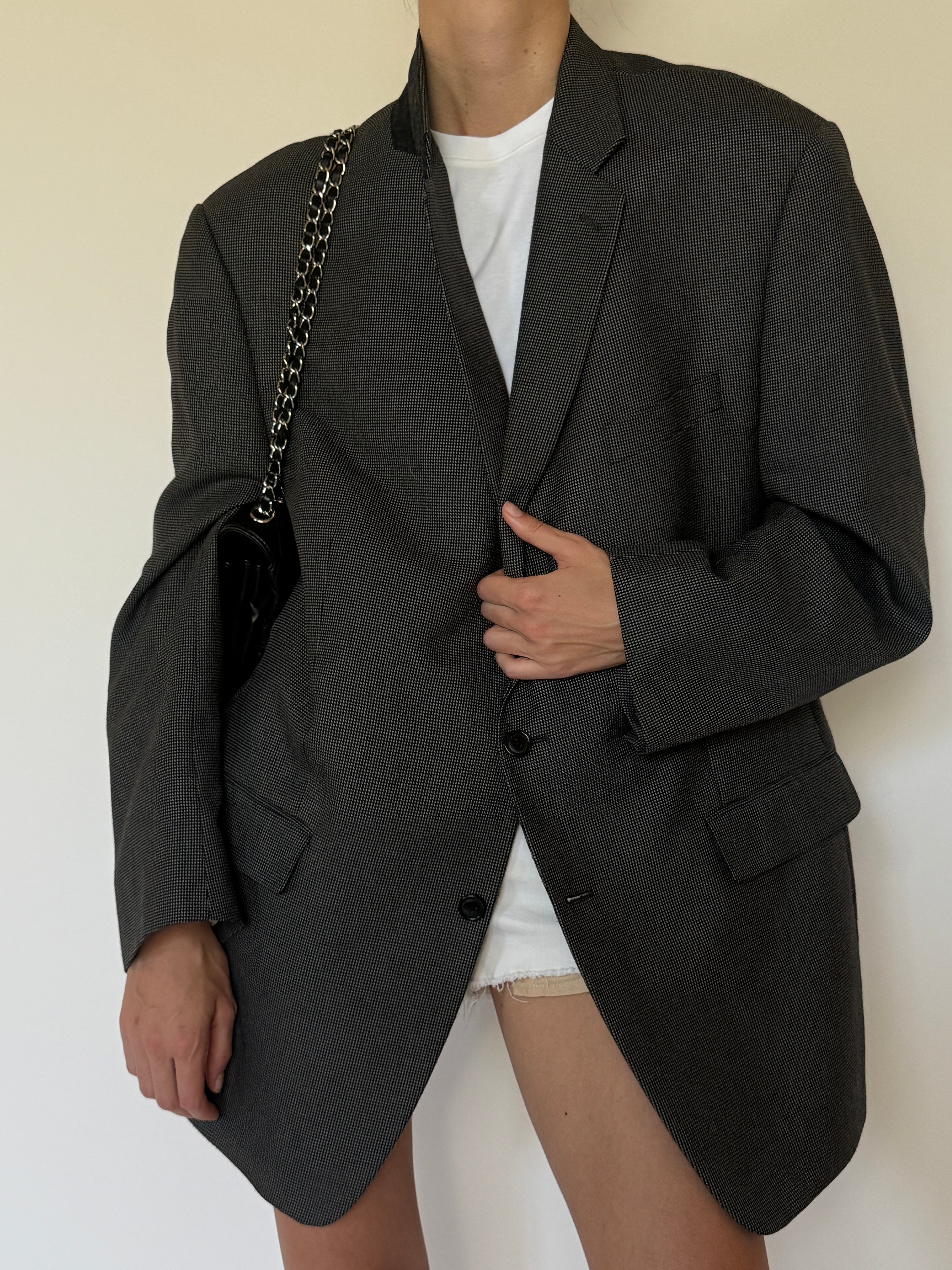 Vintage Structured Minimal Blazer Black And Cream 7140