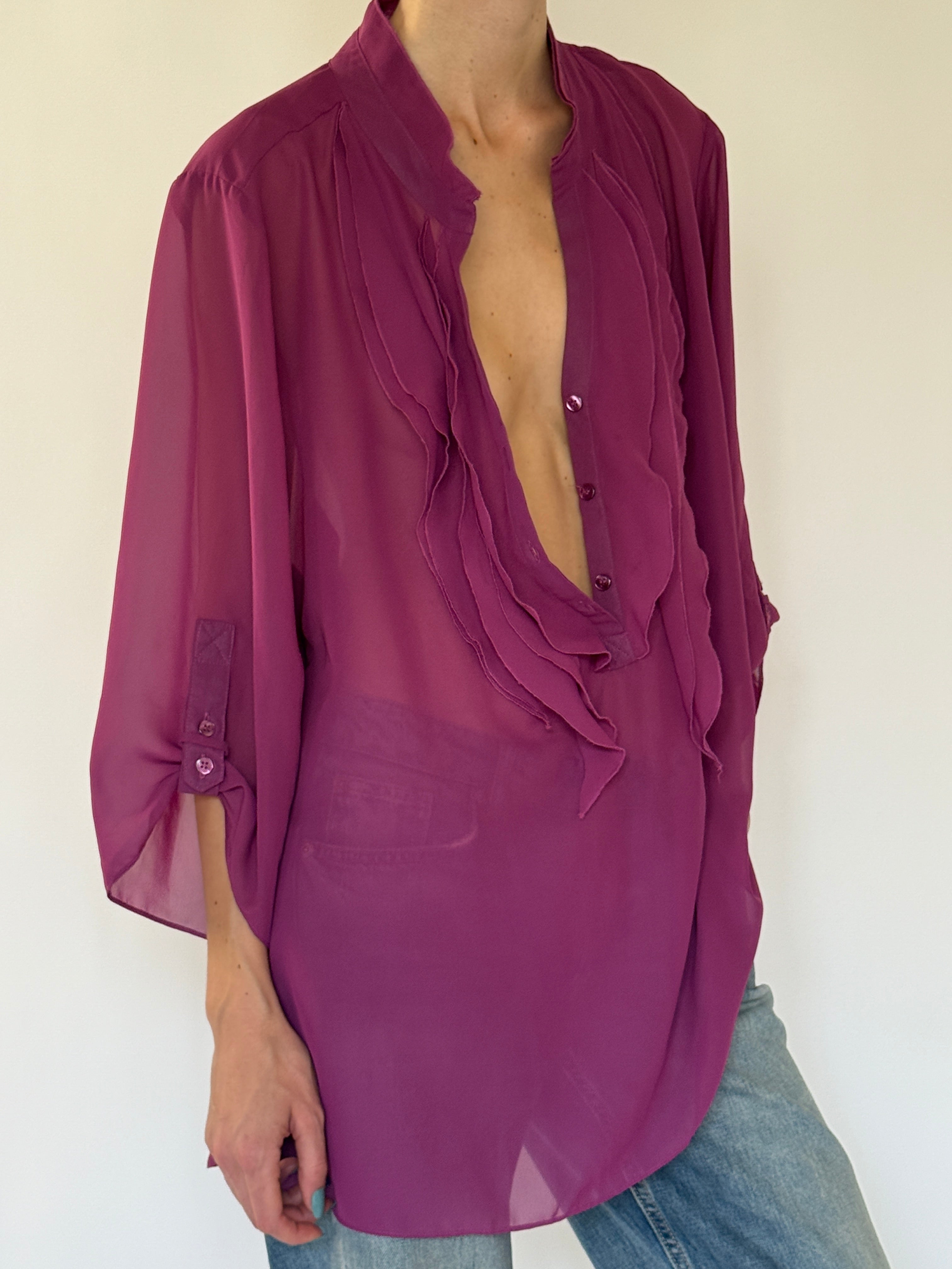 Vintage magenta ruffle blouse side view
