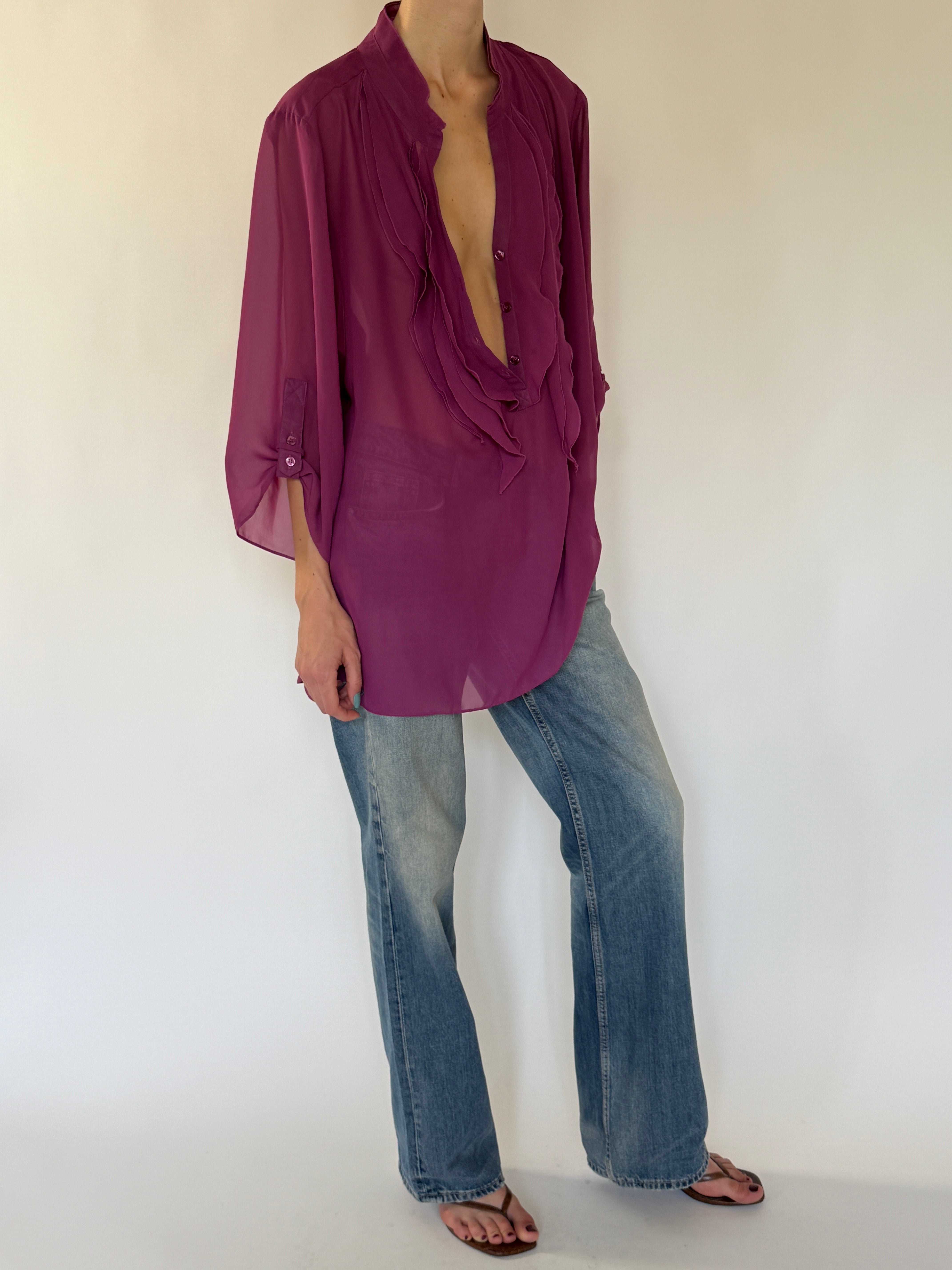 Vintage magenta ruffle blouse side view