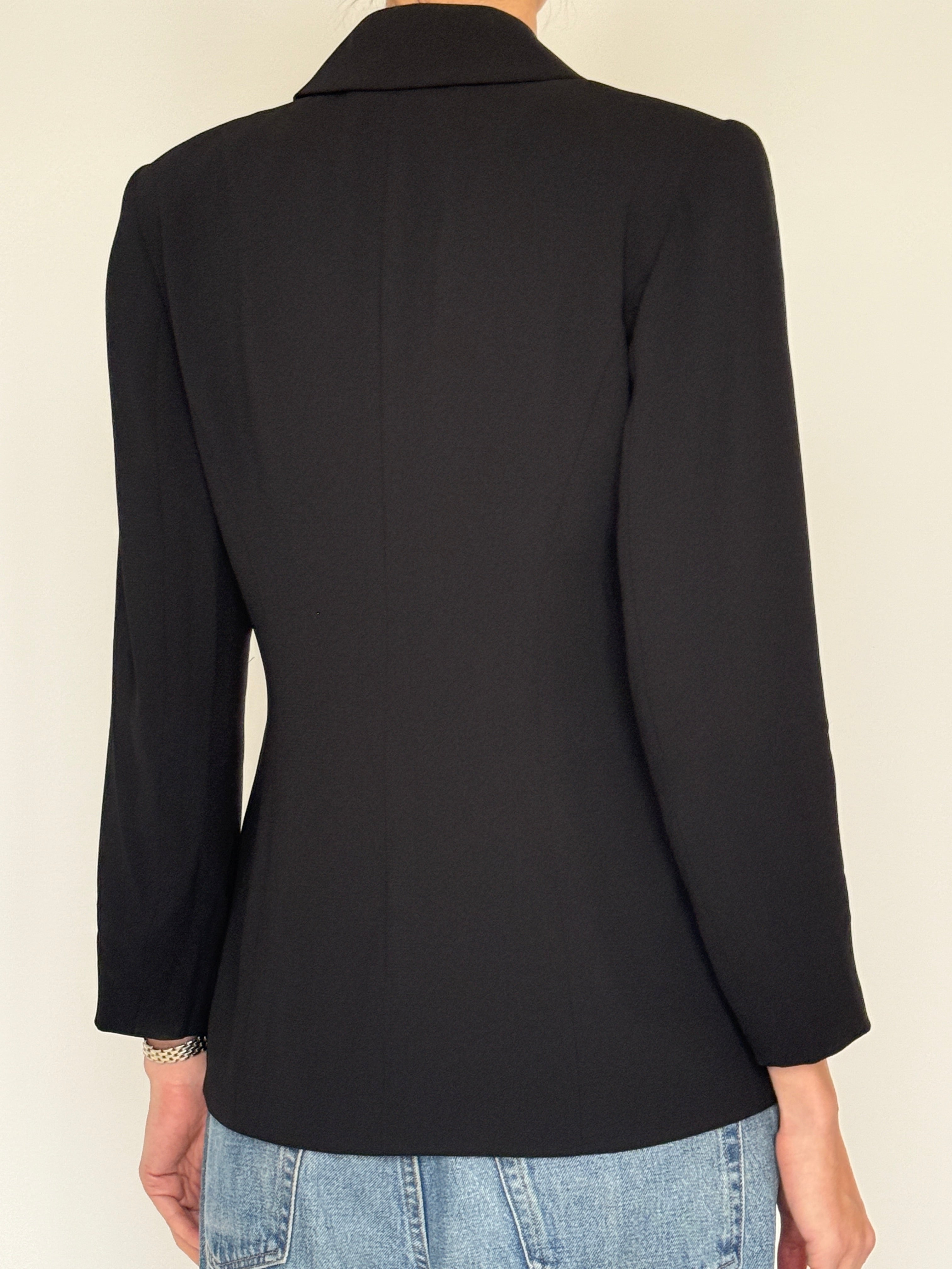 Vintage black tailored blazer rounded collar back view