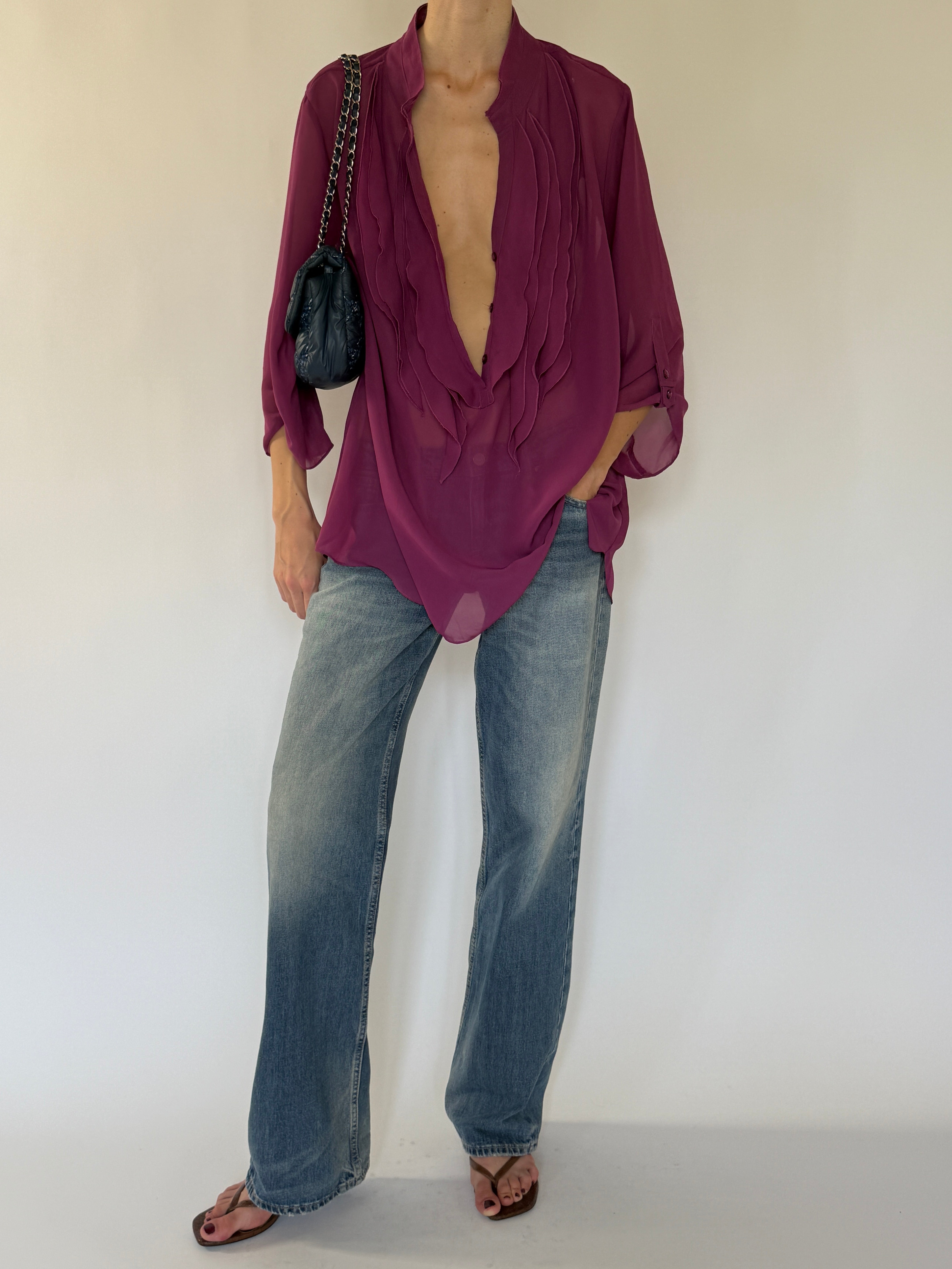 Vintage magenta ruffle blouse front view