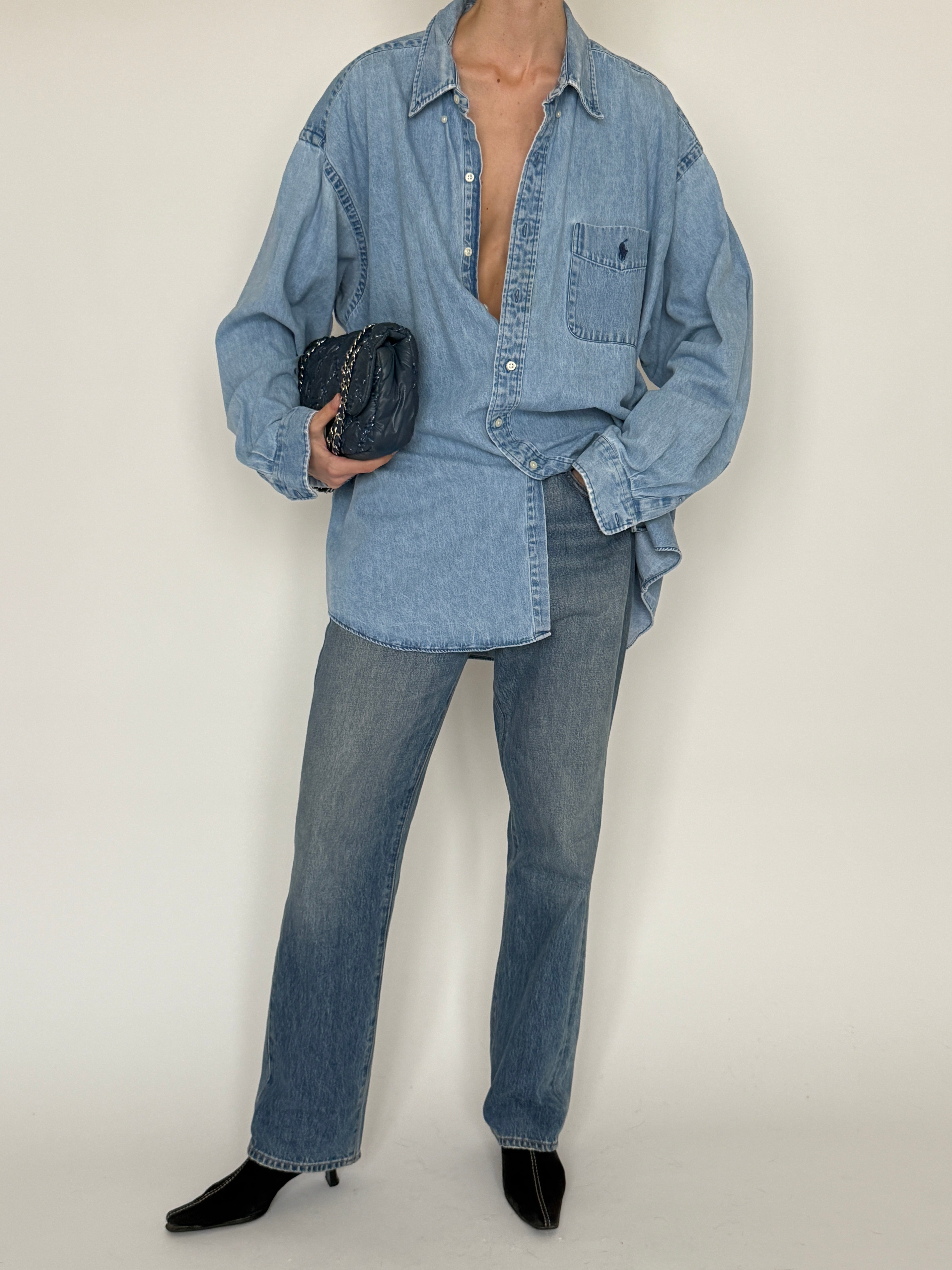 Vintage Ralph Lauren oversized denim shirt blue front view