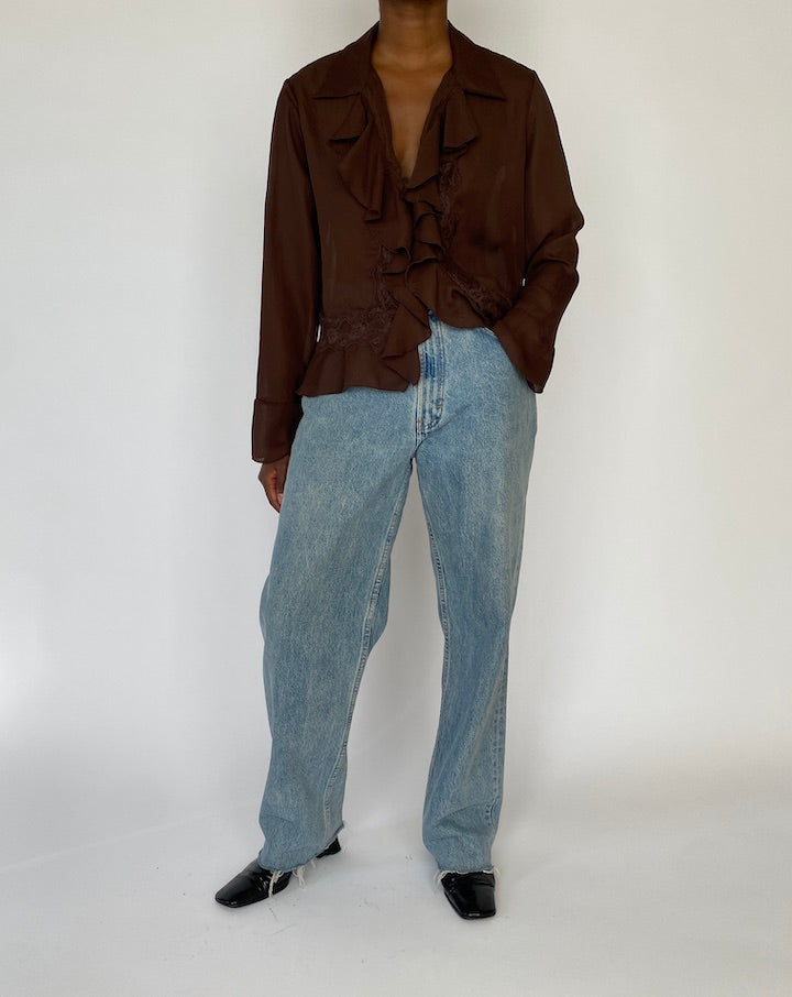 VINTAGE BROWN RUFFLED BLOUSE 4235