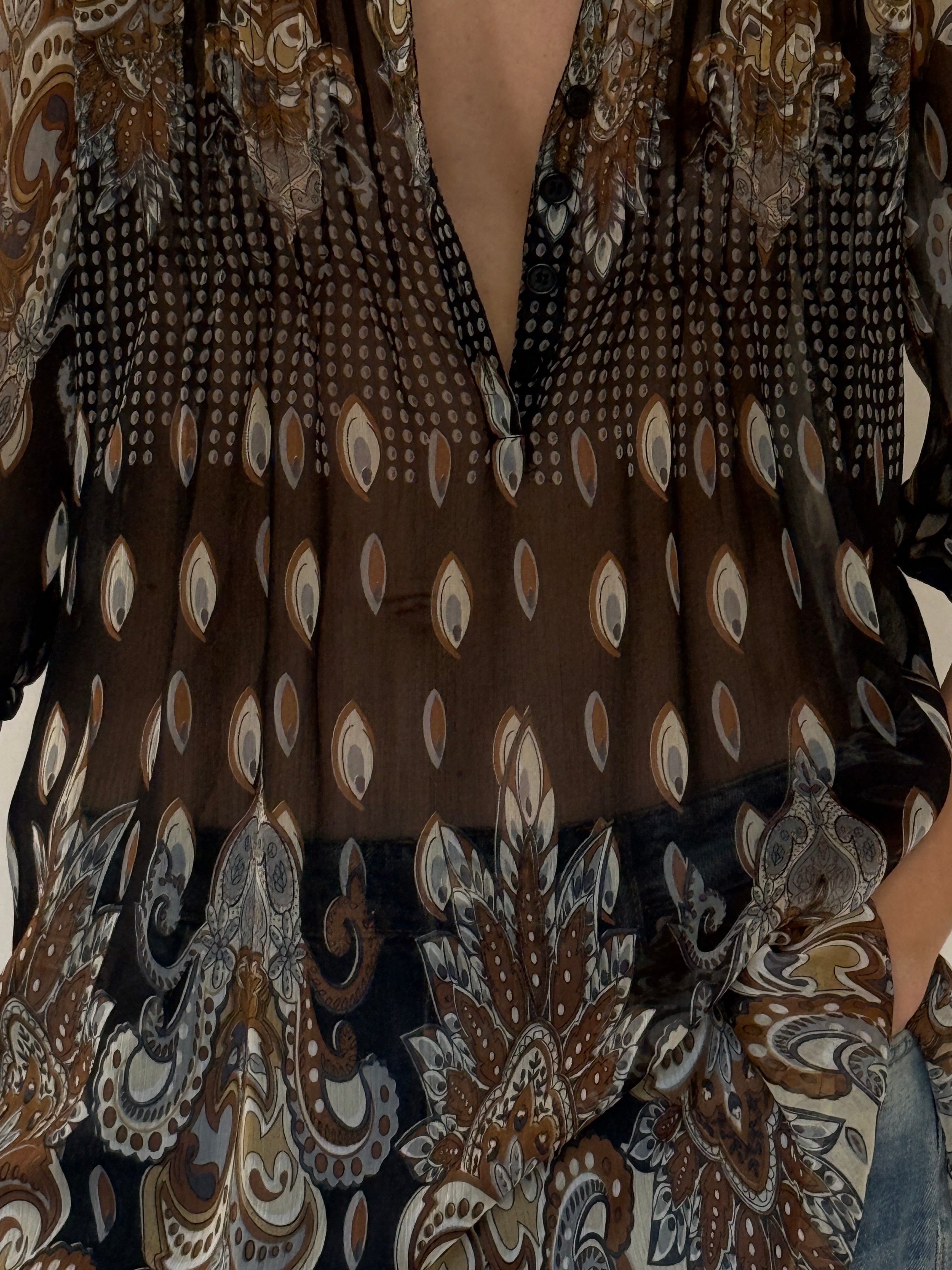 Vintage sheer paisley tunic top neckline detail