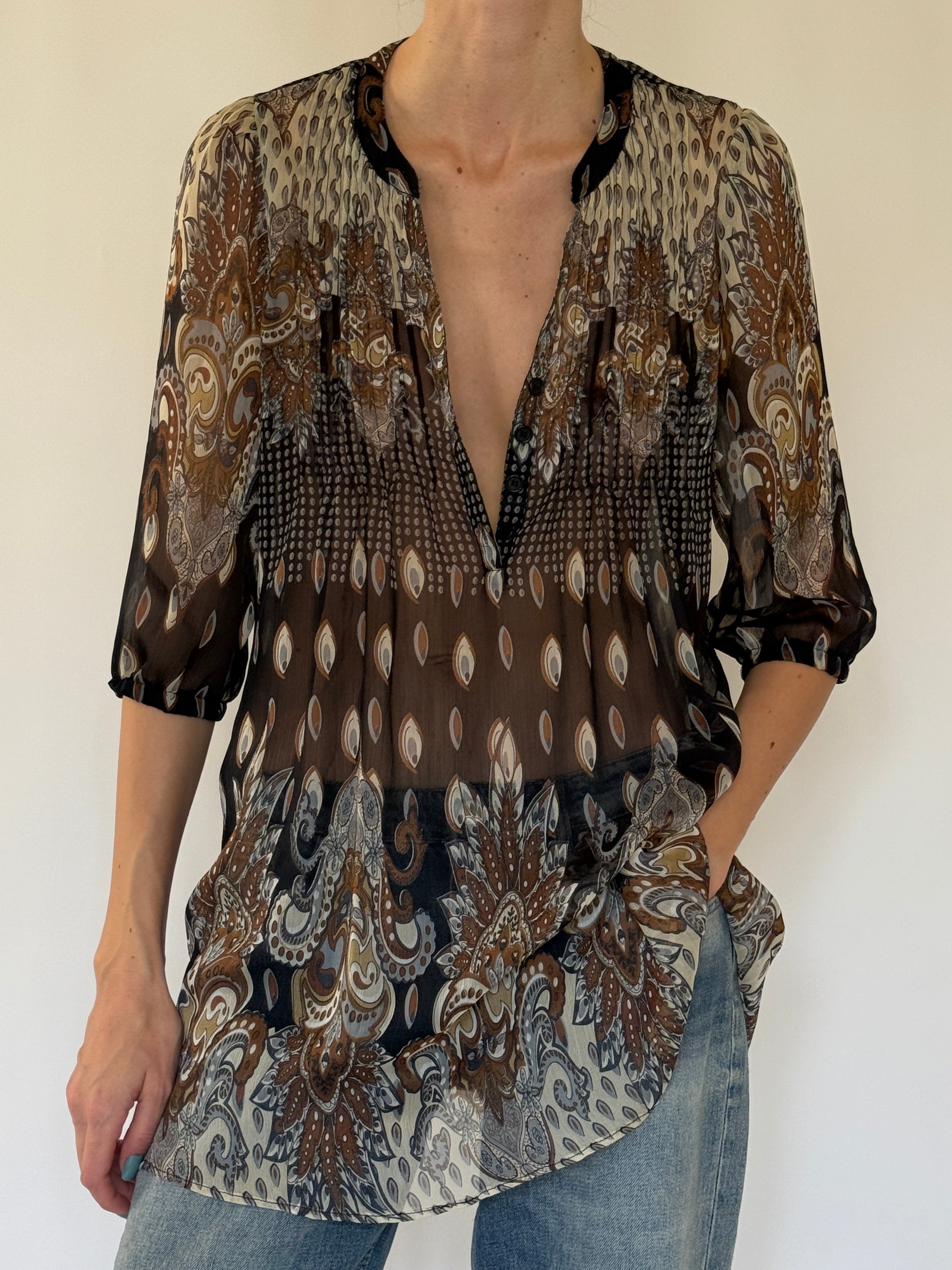 Vintage sheer paisley tunic top front view brown