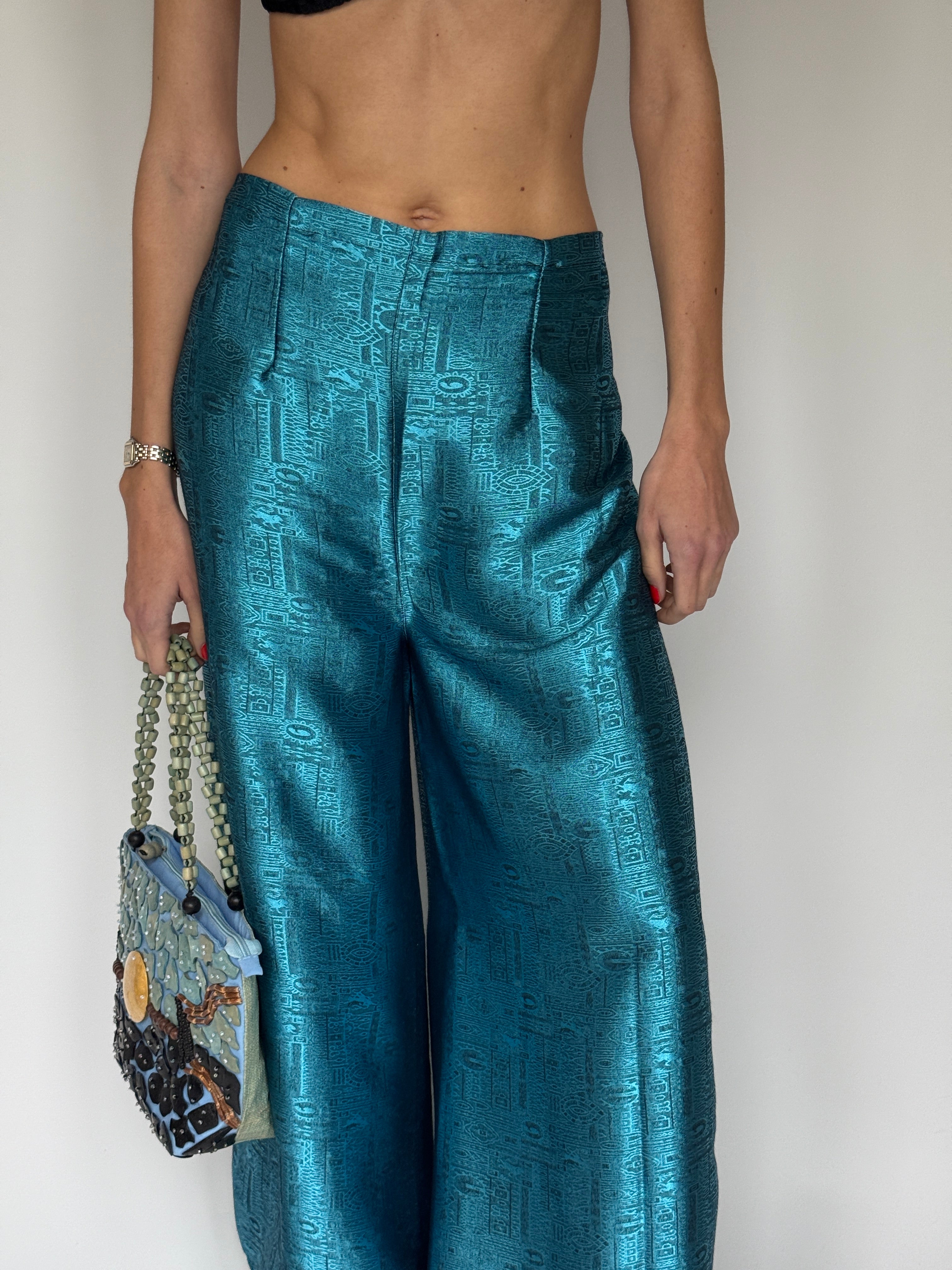 Vintage metallic wrap trousers front view