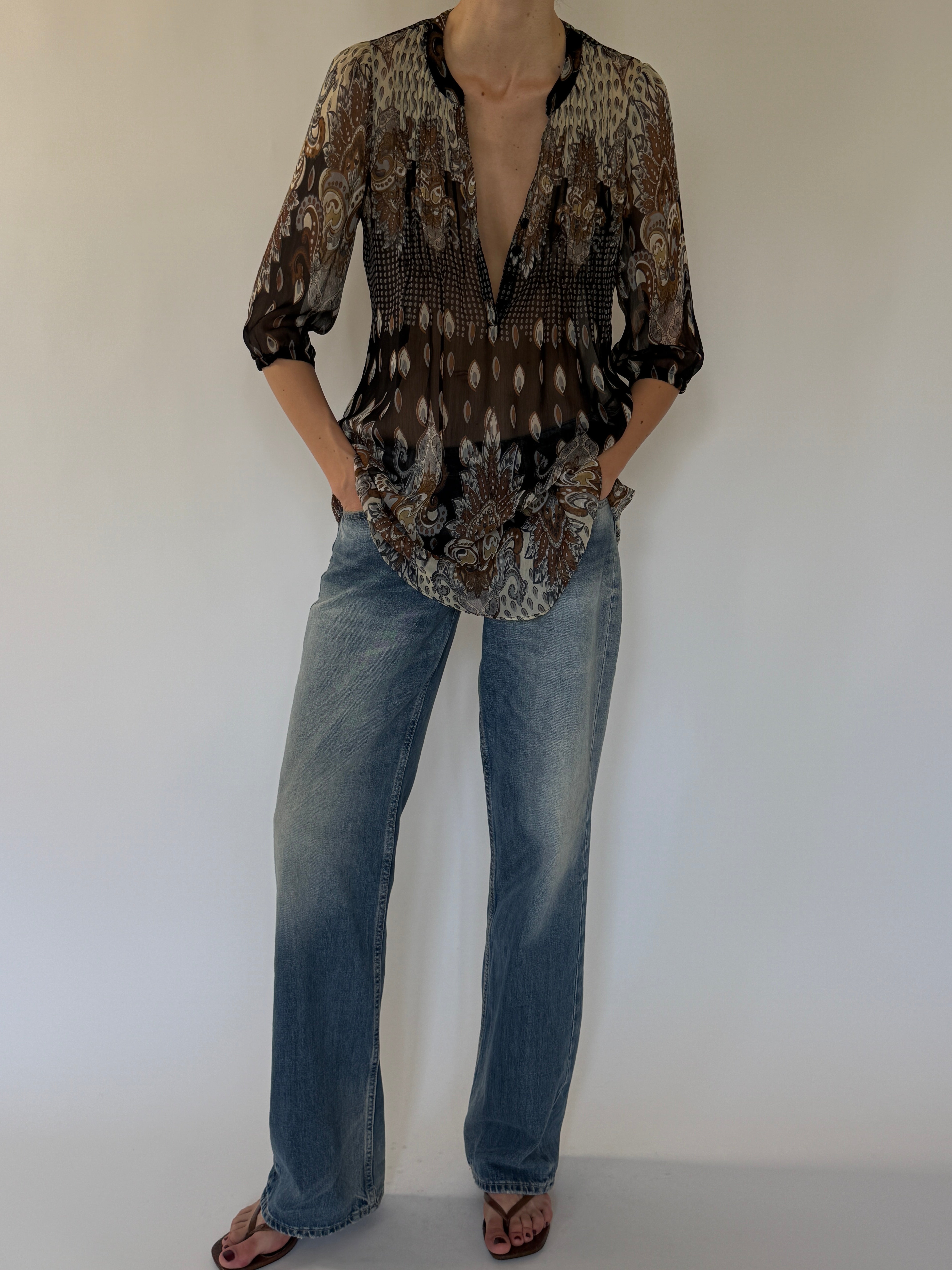 Vintage sheer paisley tunic top front view brown