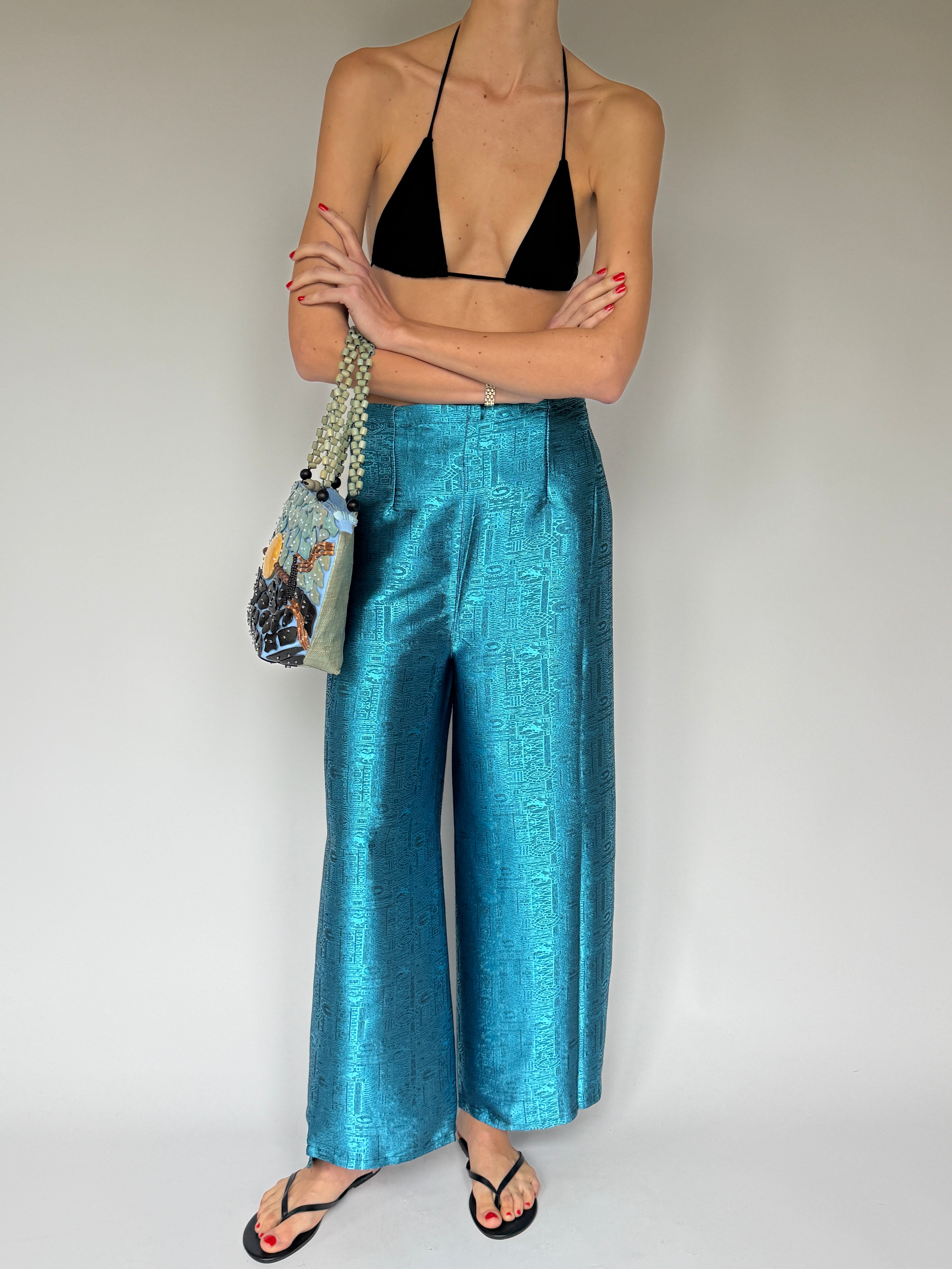 Vintage metallic blue wrap trousers