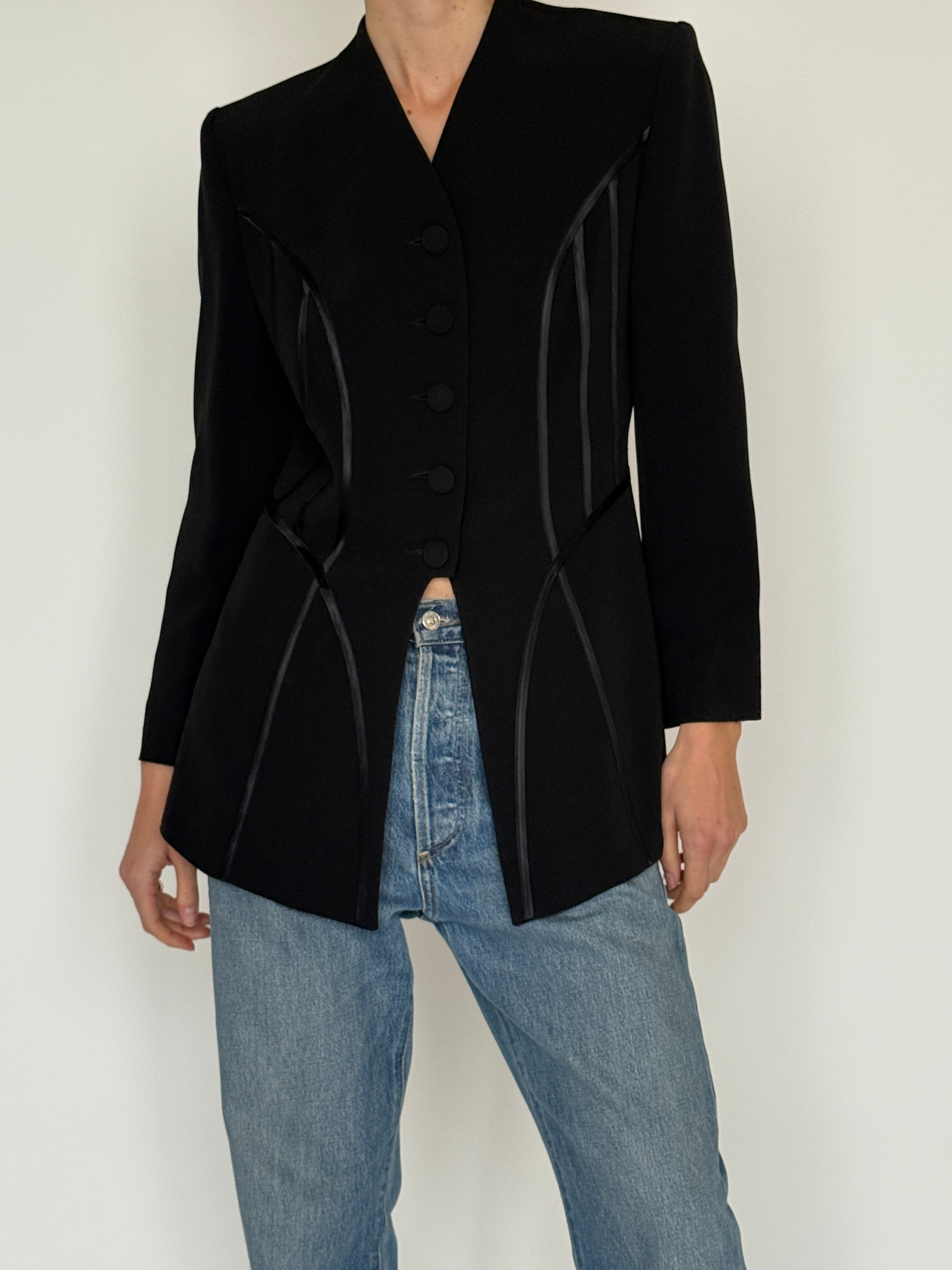 Vintage black blazer made in Paris fabric close-up