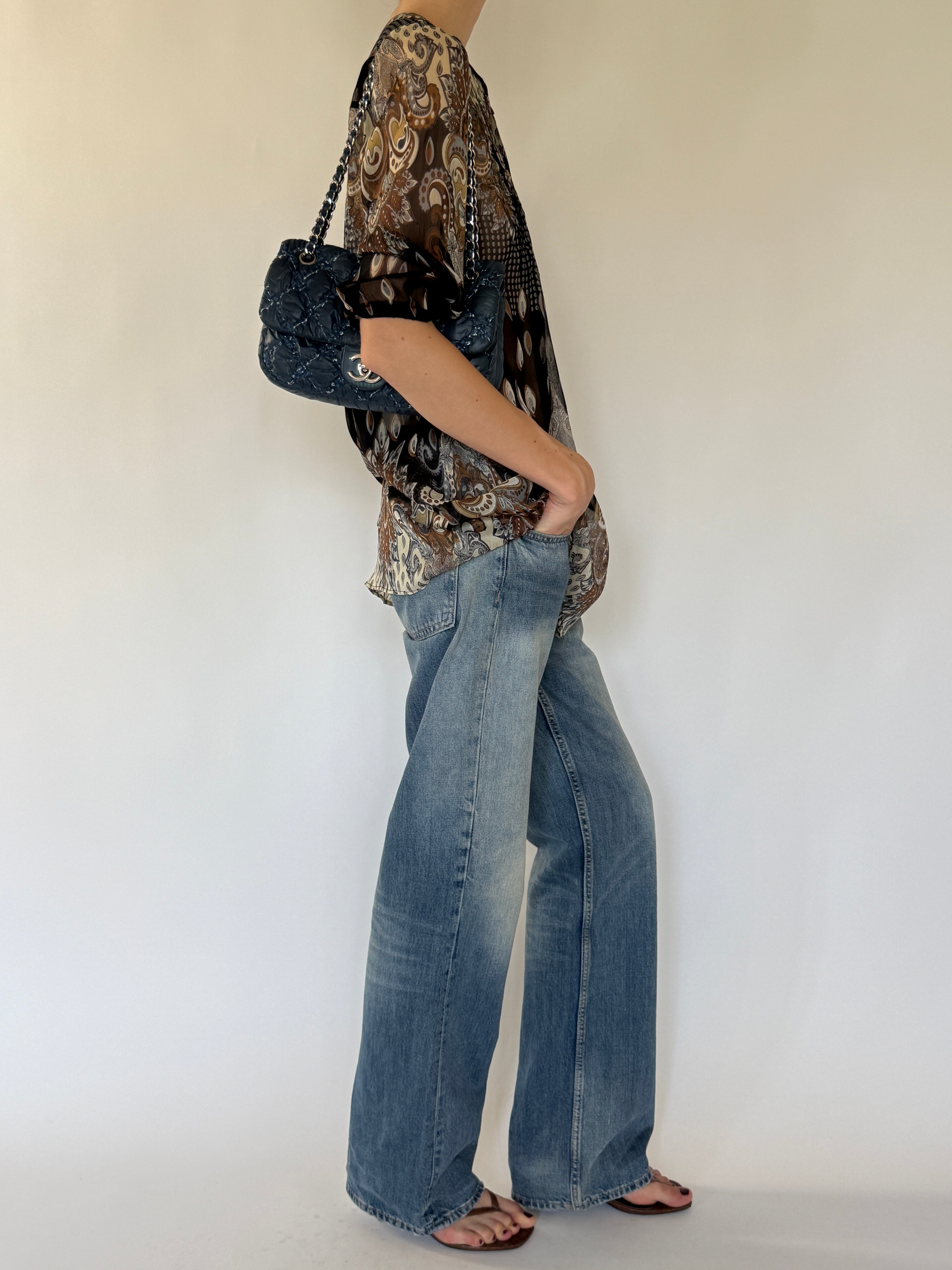 Vintage sheer paisley tunic top side view brown
