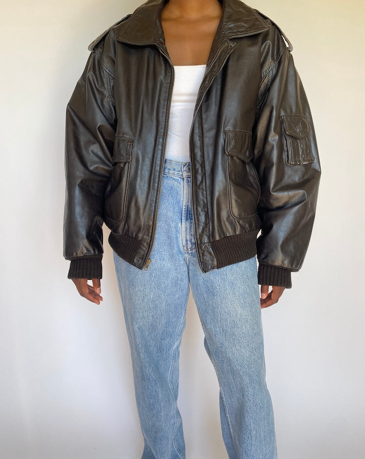 VINTAGE OVERSIZED BOXY BROWN LEATHER JACKET 3701