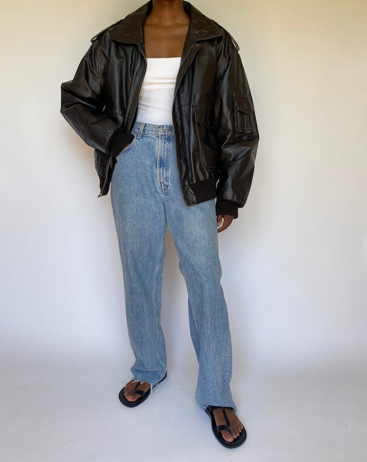 VINTAGE OVERSIZED BOXY BROWN LEATHER JACKET 3701