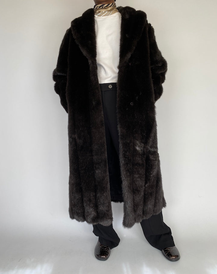 VINTAGE LONG DARK FAUX FUR COAT 2111