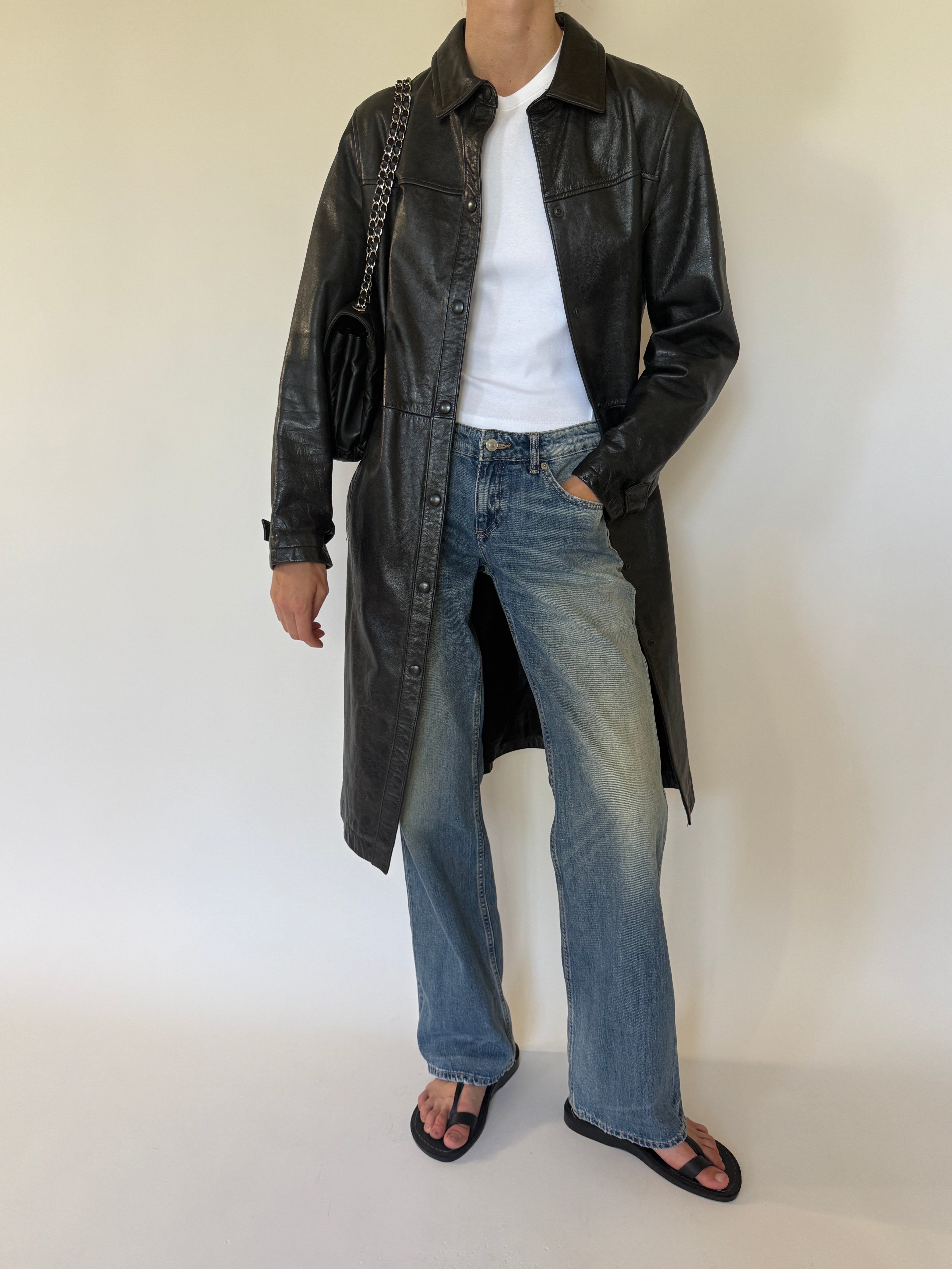 Vintage Leather Long Coat Black 7679