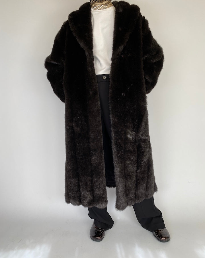 VINTAGE LONG DARK FAUX FUR COAT 2111