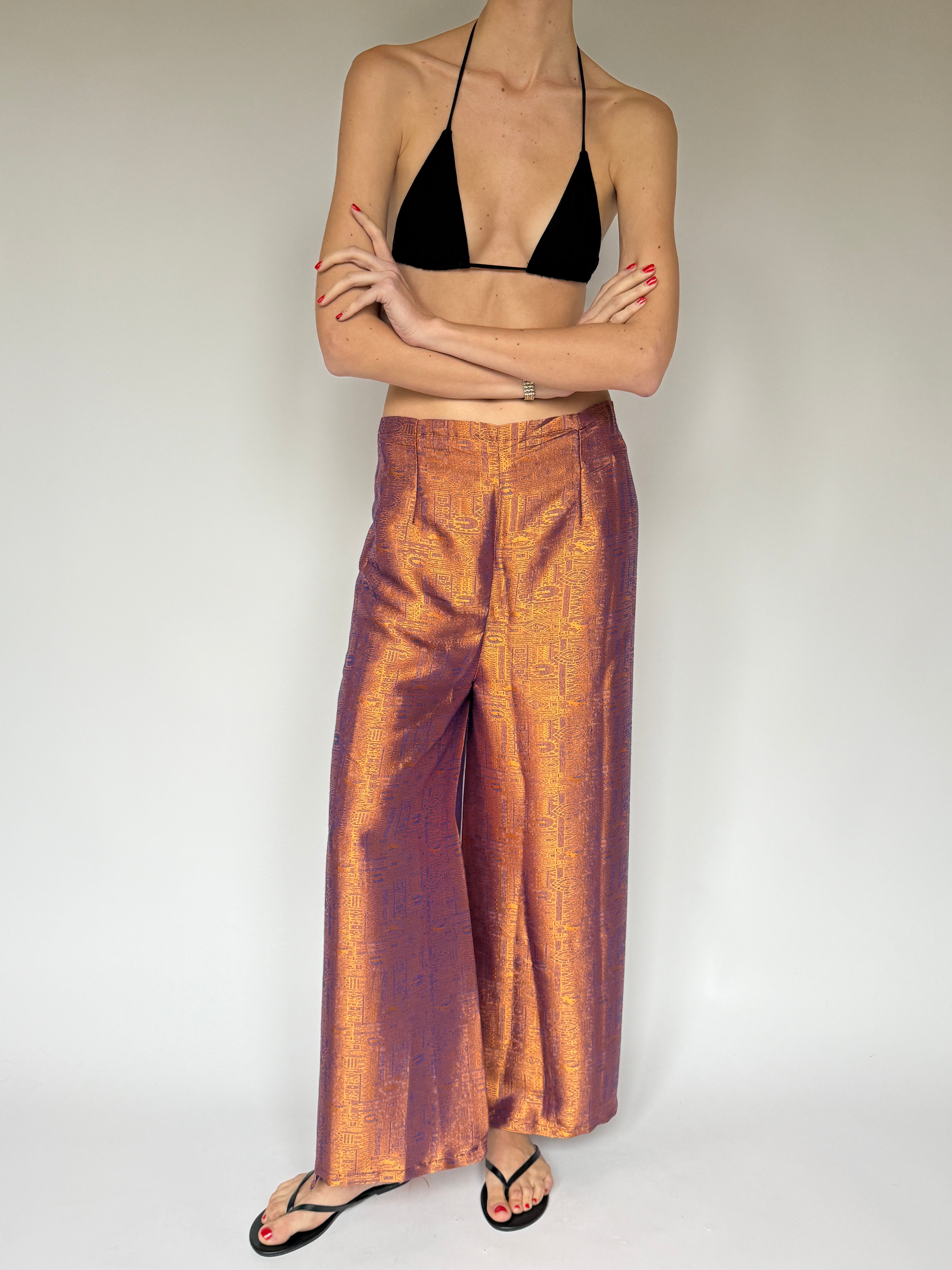 Vintage woven metallic pants with wide leg silhouette