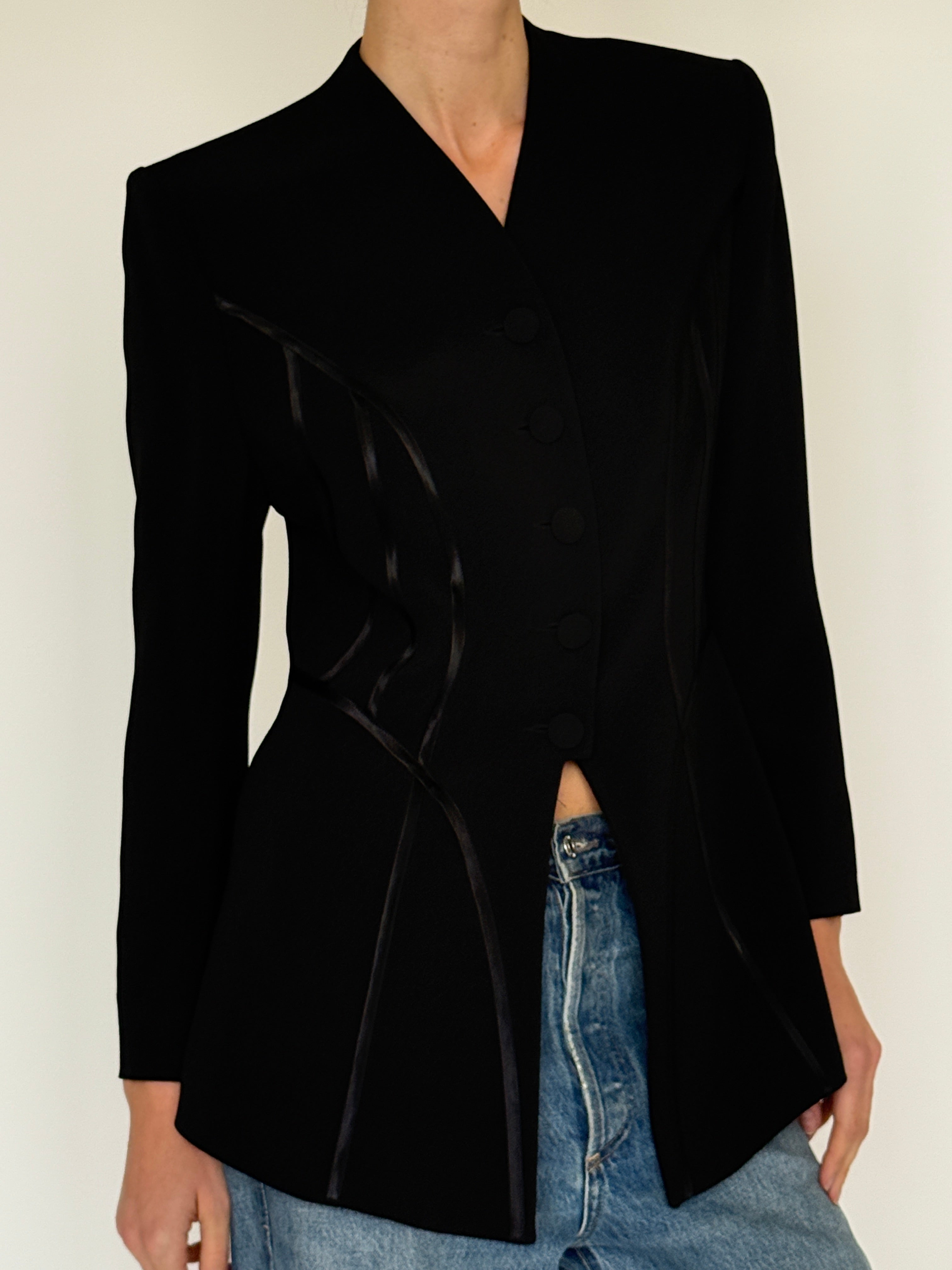 Vintage black sculptural blazer made in Paris front view