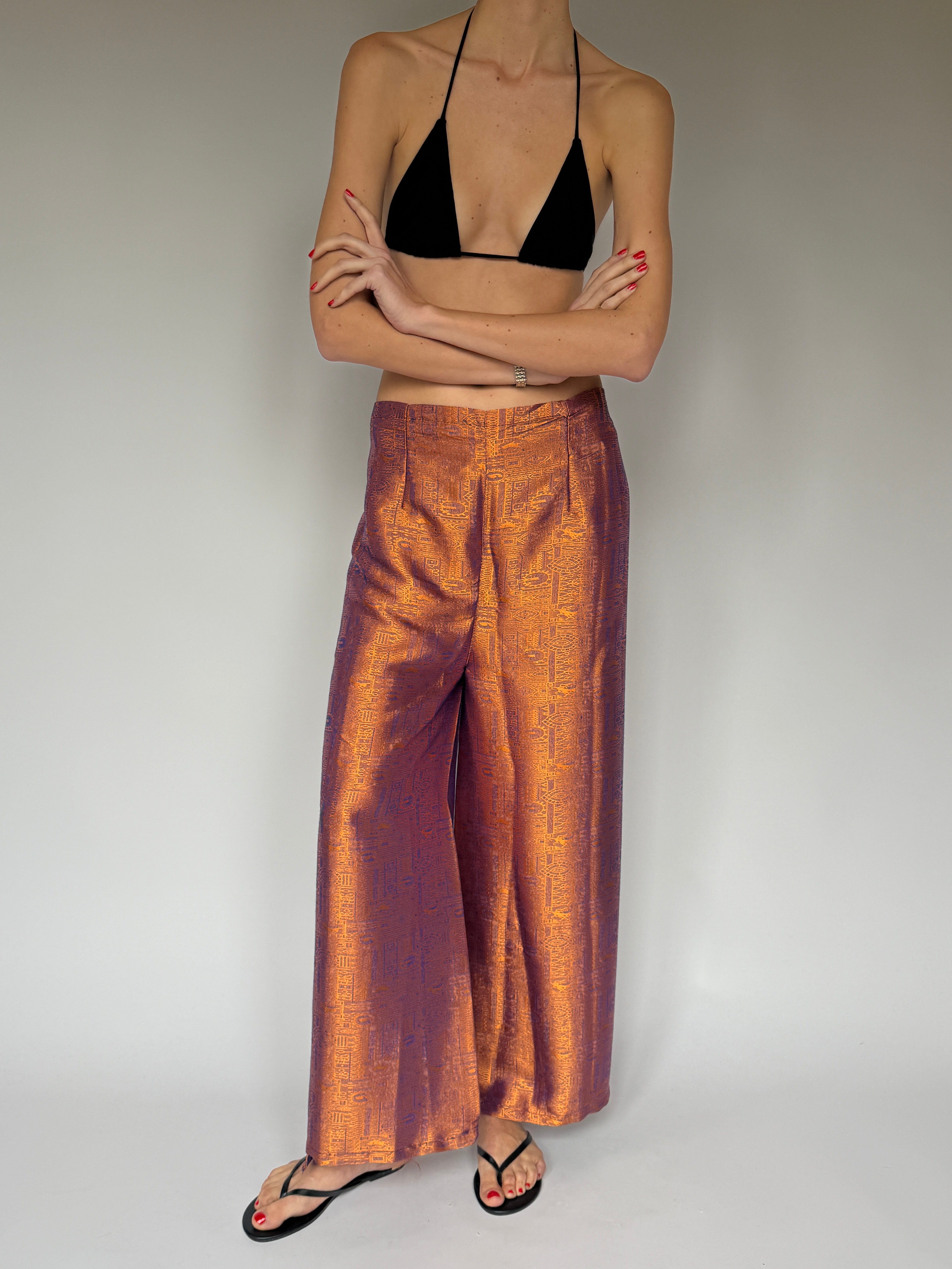 Copper and purple metallic jacquard vintage trousers styled