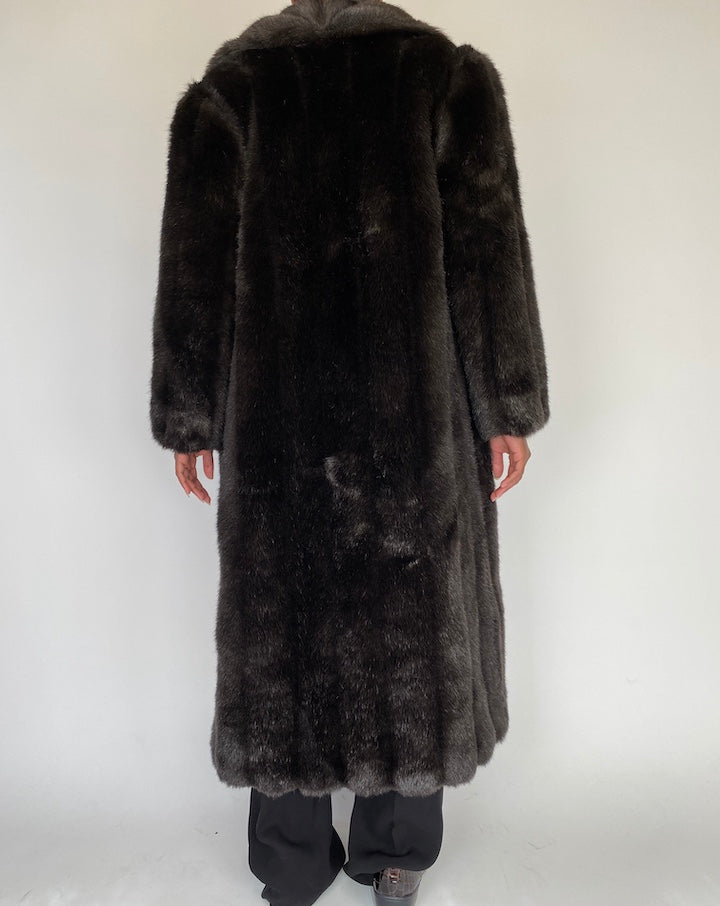 VINTAGE LONG DARK FAUX FUR COAT 2111