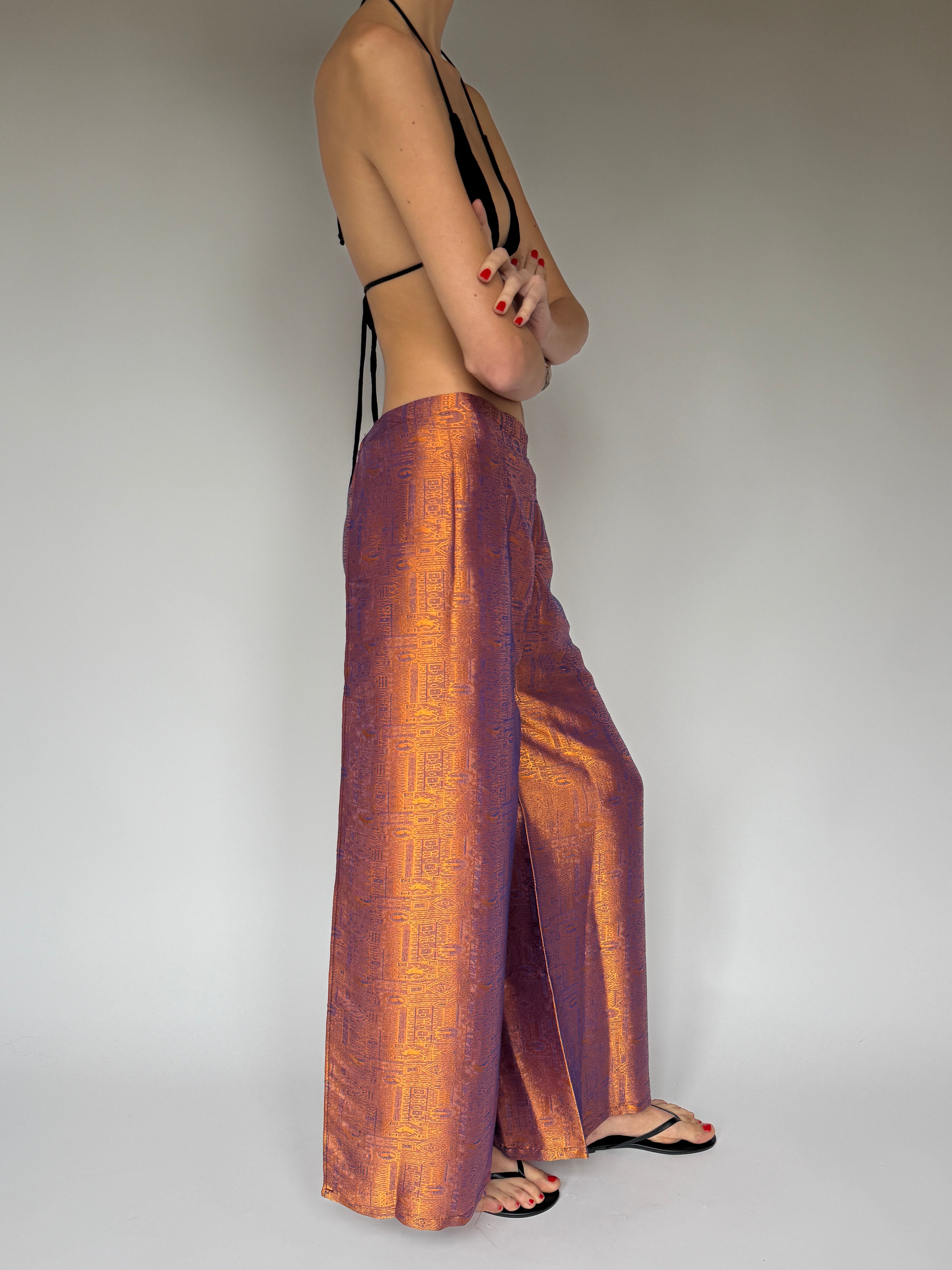 Vintage metallic jacquard wide leg pants in copper and purple side view