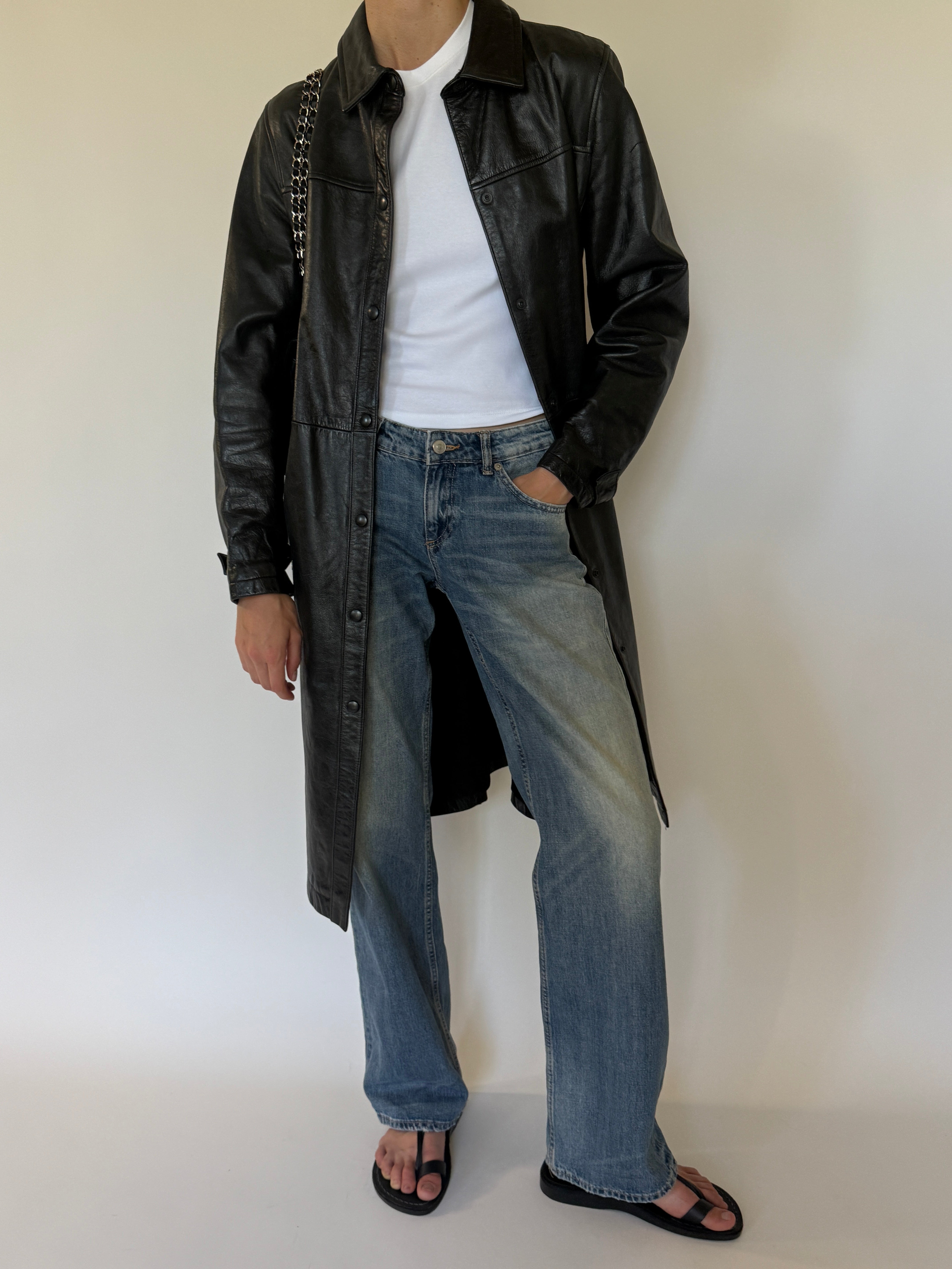 Vintage Leather Long Coat Black 7679