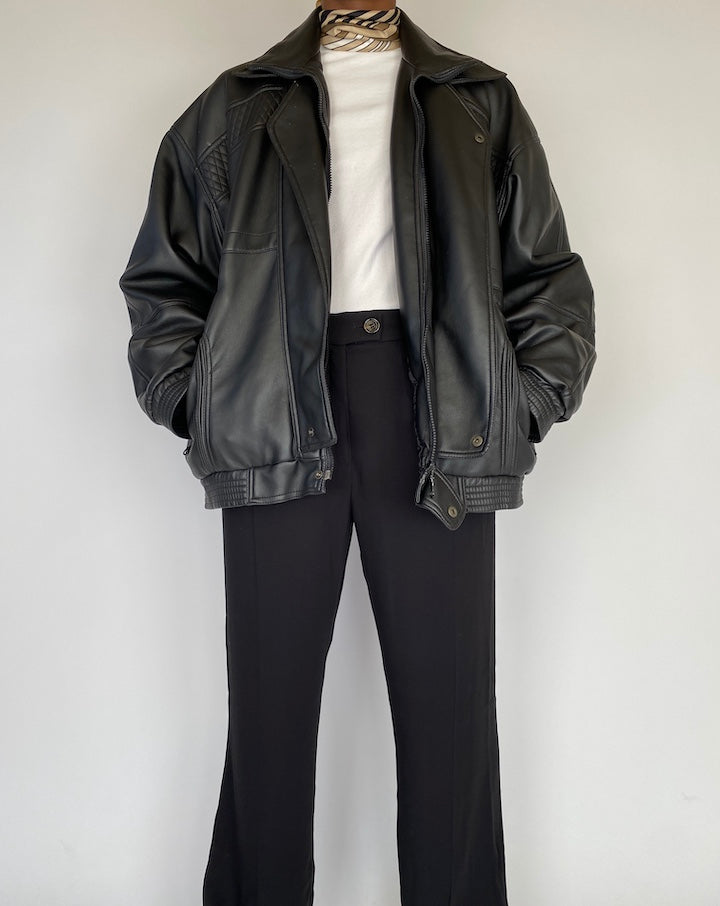 VINTAGE OVERSIZED FAUX LEATHER JACKET IN BLACK 2112