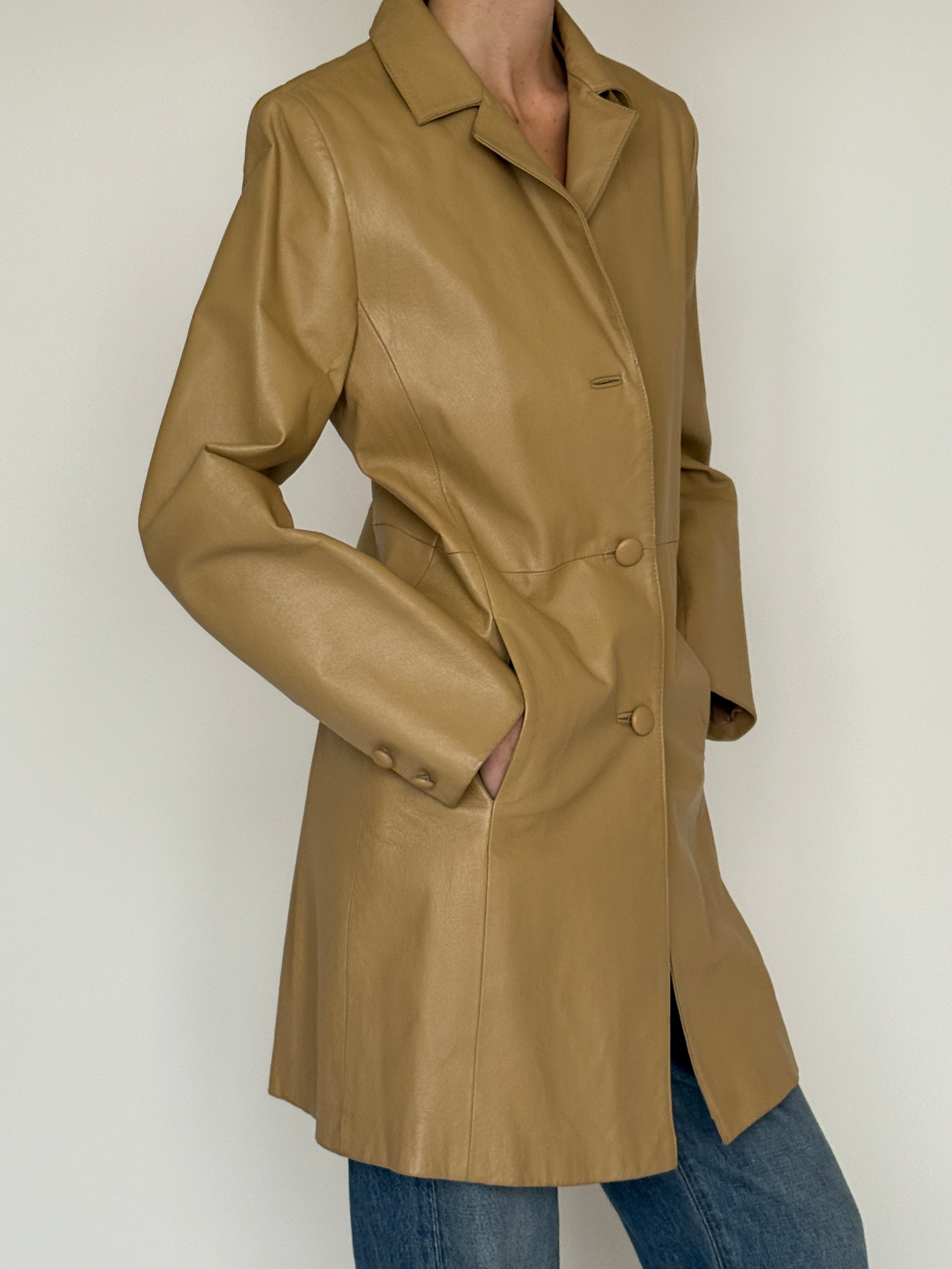 Vintage camel leather coat cuff detail