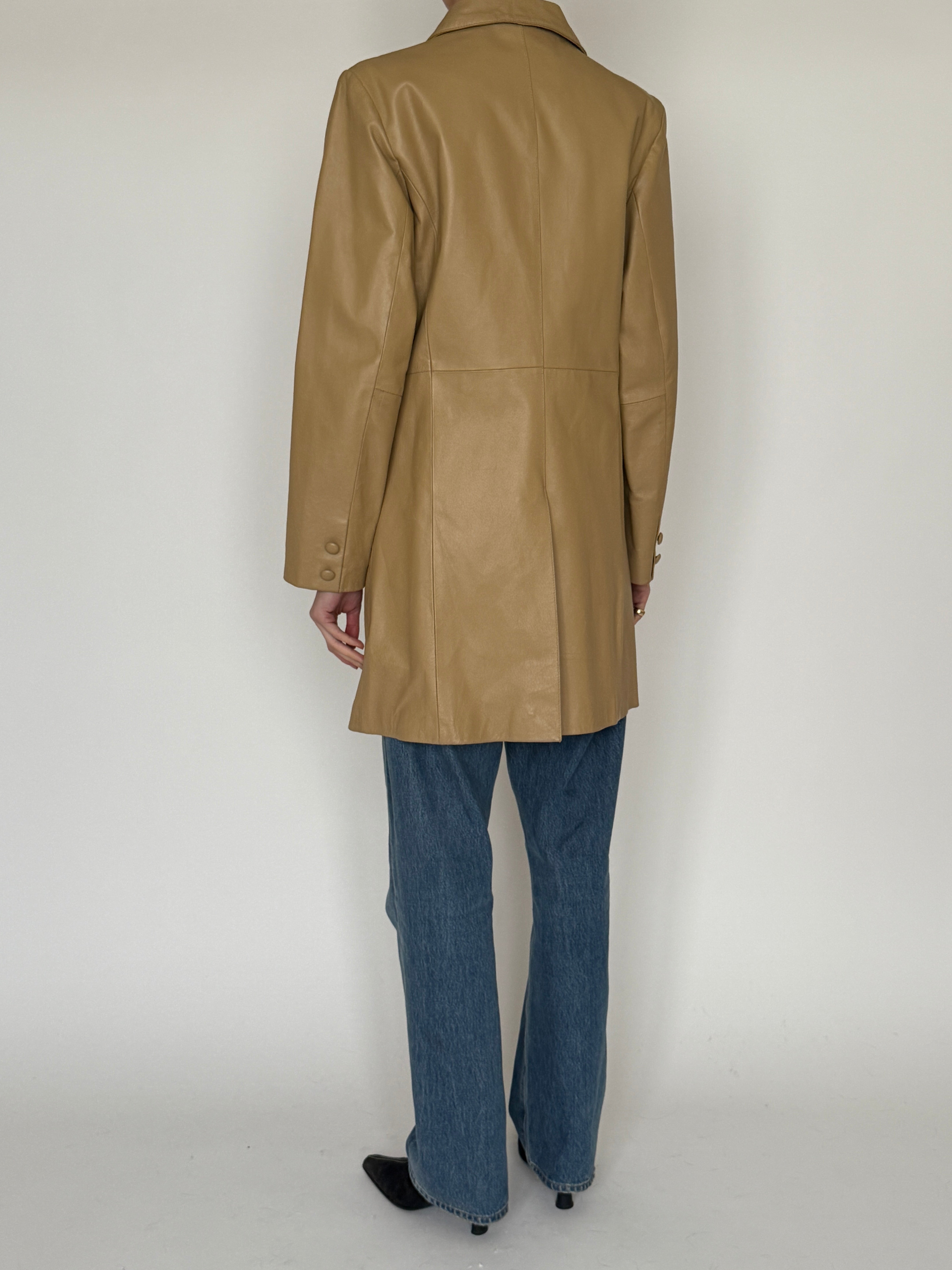 Vintage camel leather tailored coat back view