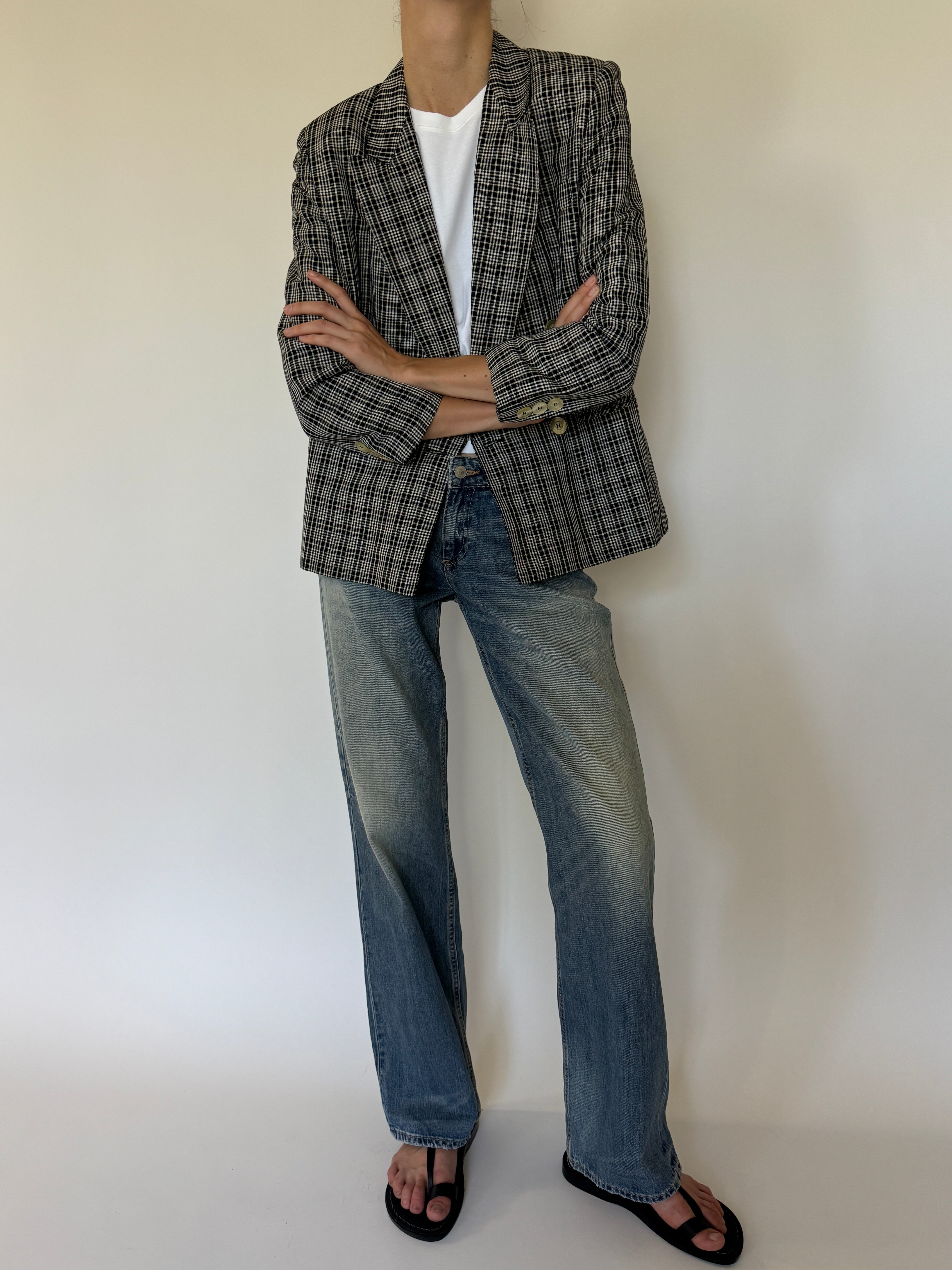 Vintage Double-Breasted Plaid Blazer Black Ivory 7556