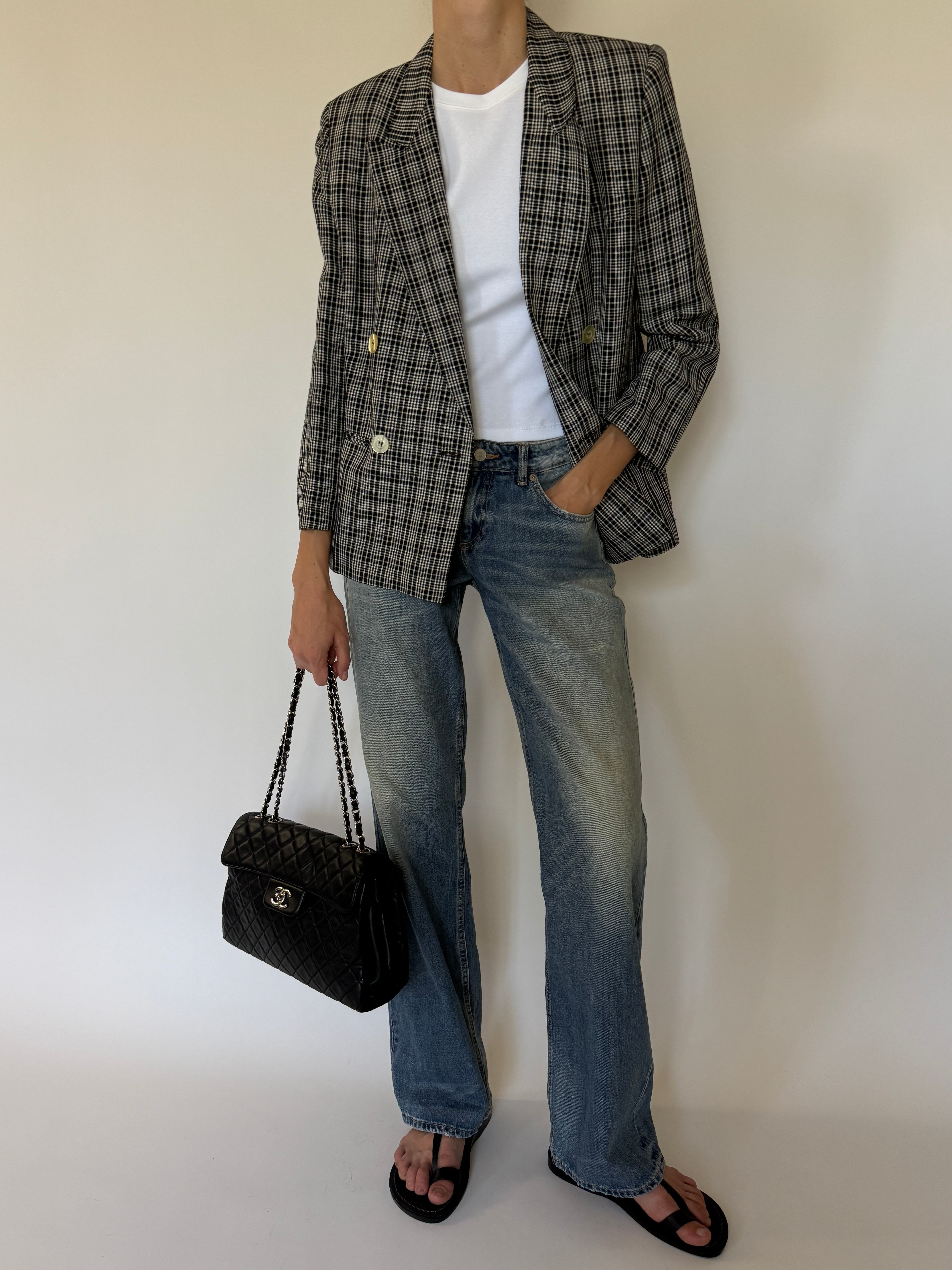 Vintage Double-Breasted Plaid Blazer Black Ivory 7556
