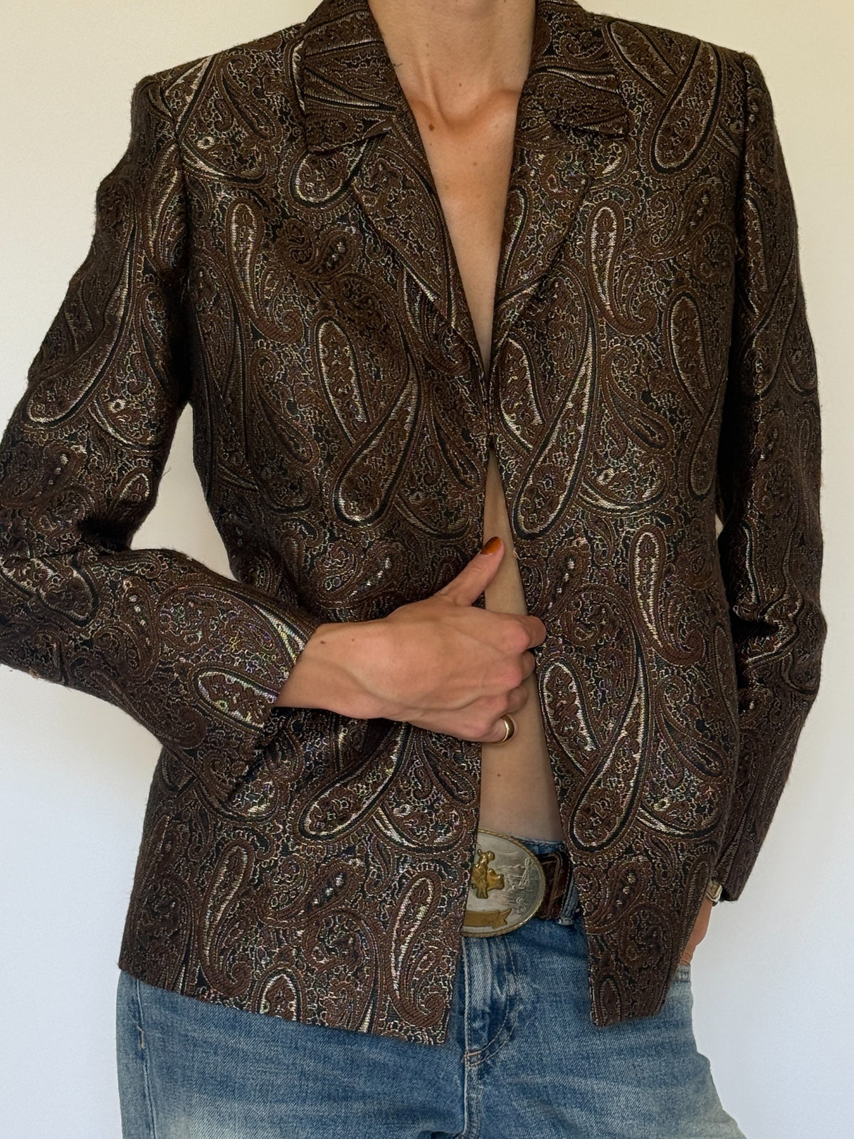 Vintage paisley brocade blazer brown front view