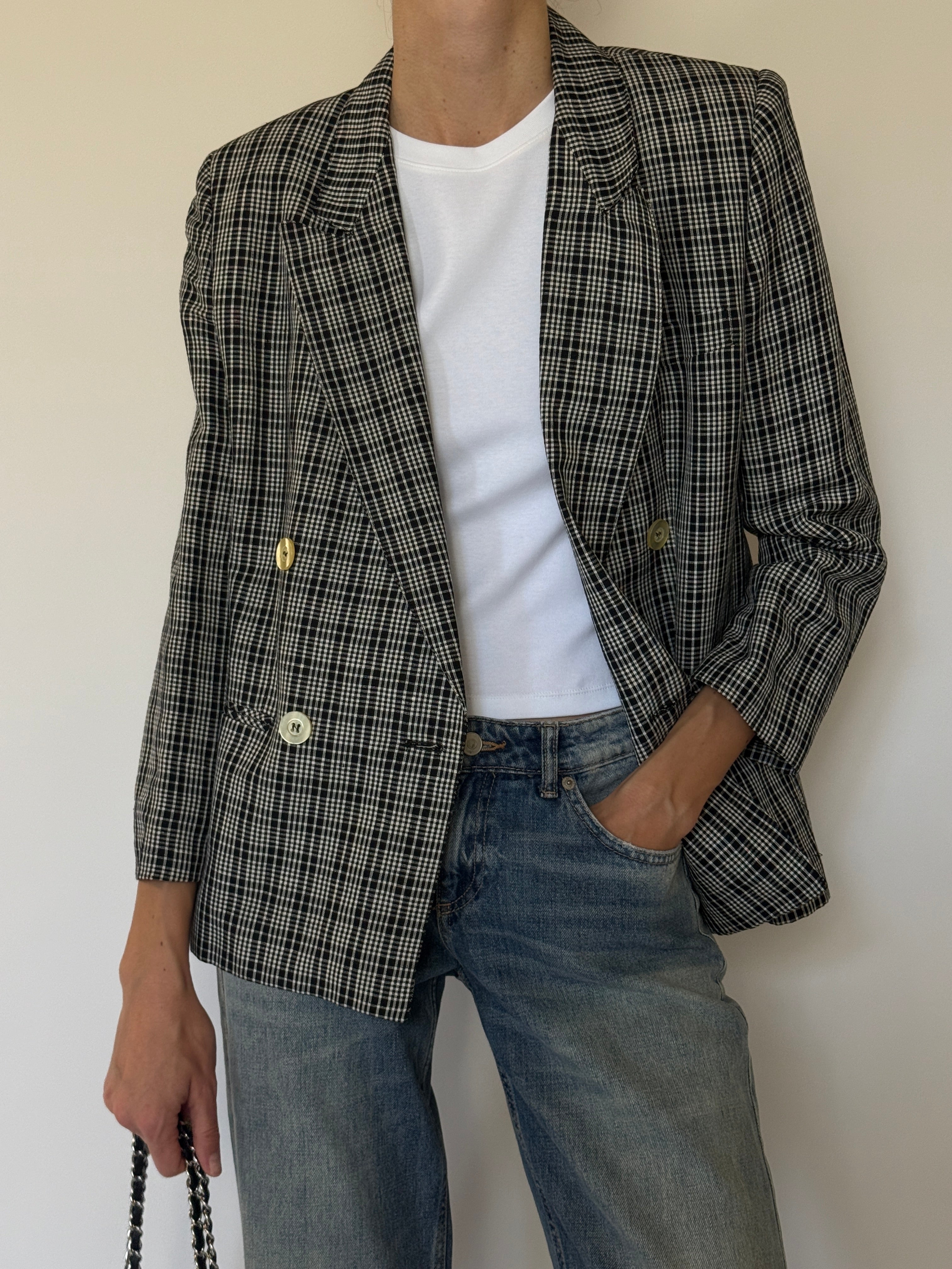 Vintage Double-Breasted Plaid Blazer Black Ivory 7556