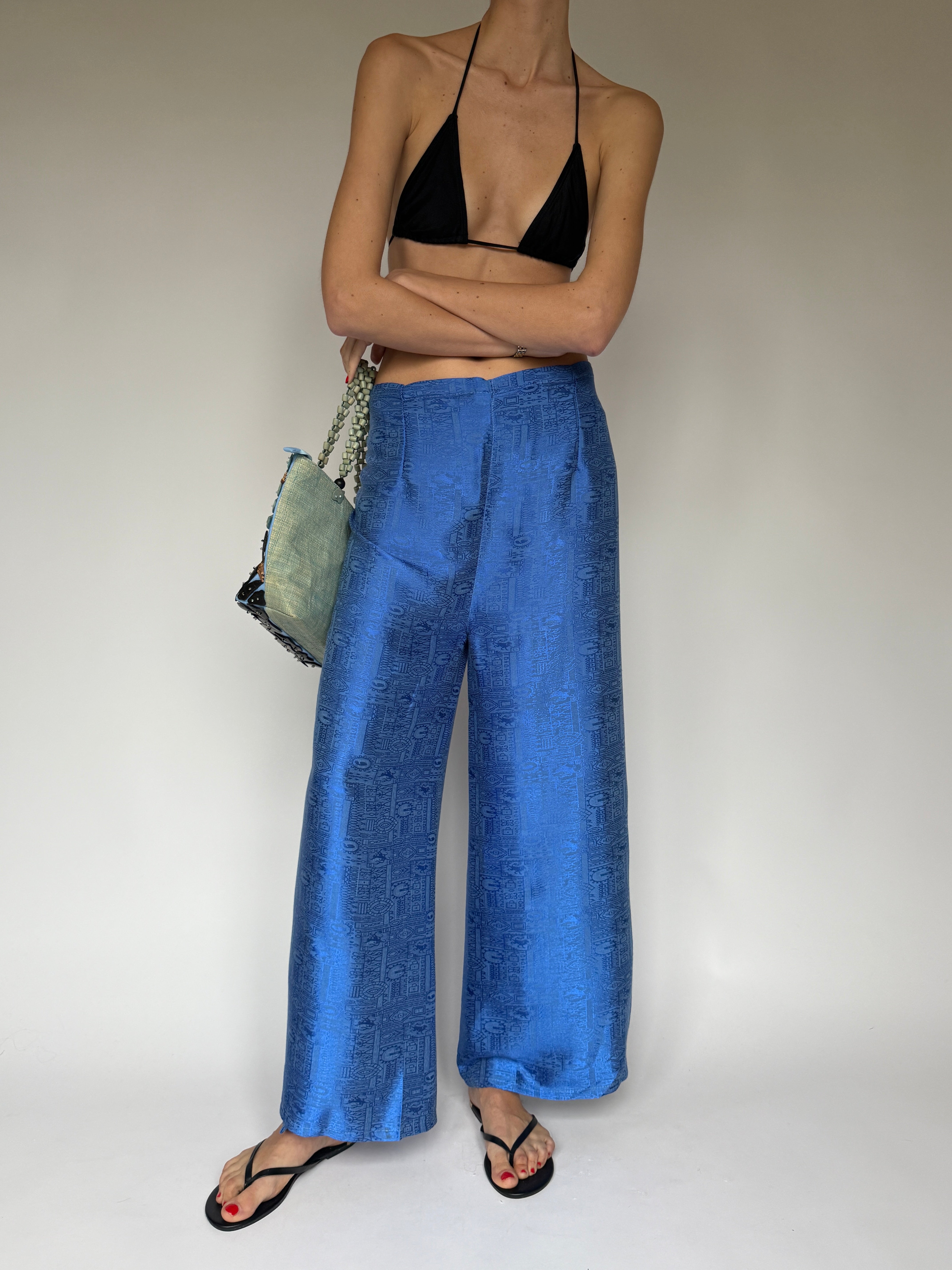 Vintage jacquard wide-leg trousers with subtle woven pattern blue