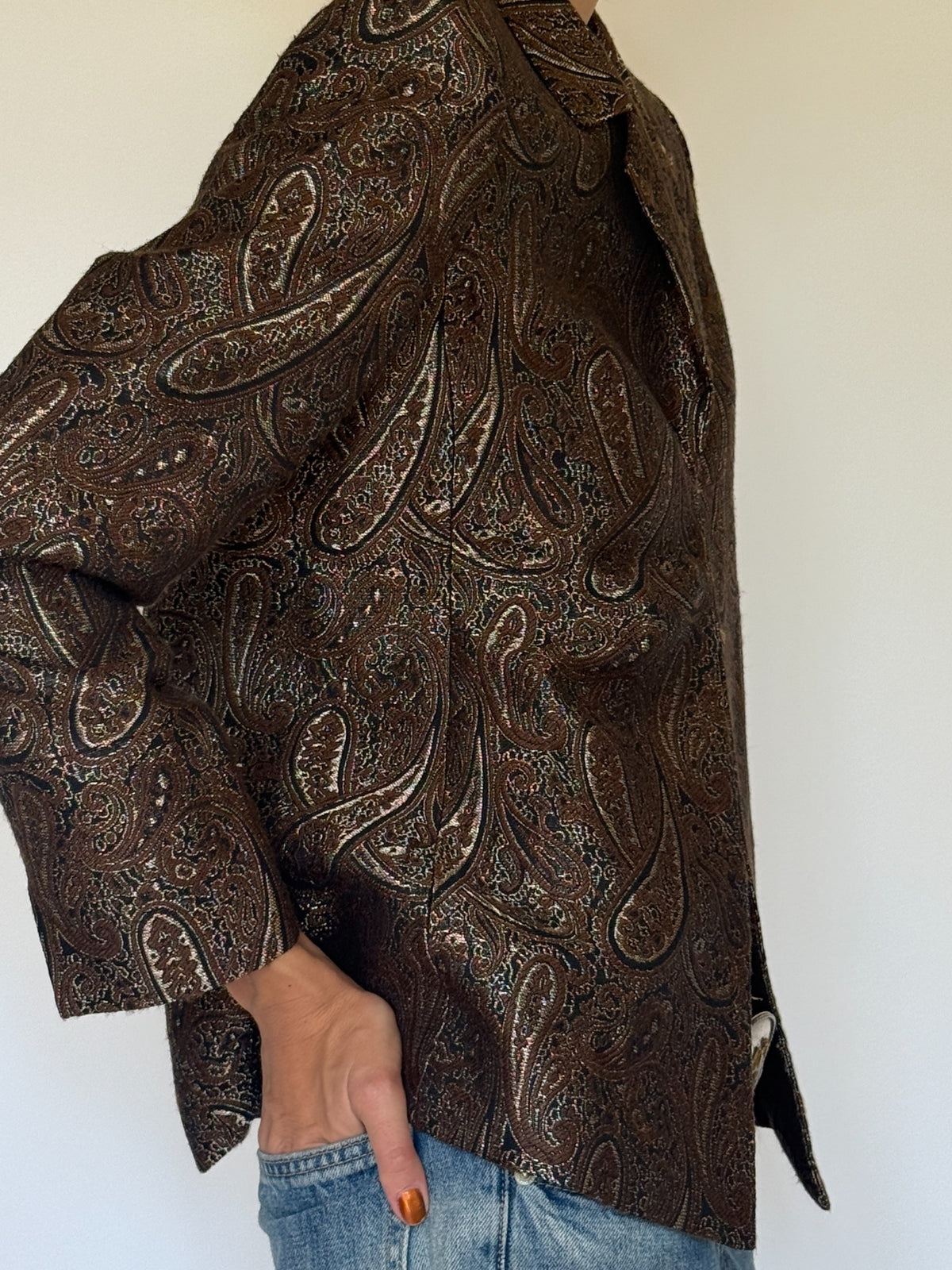 Vintage paisley brocade blazer brown side view