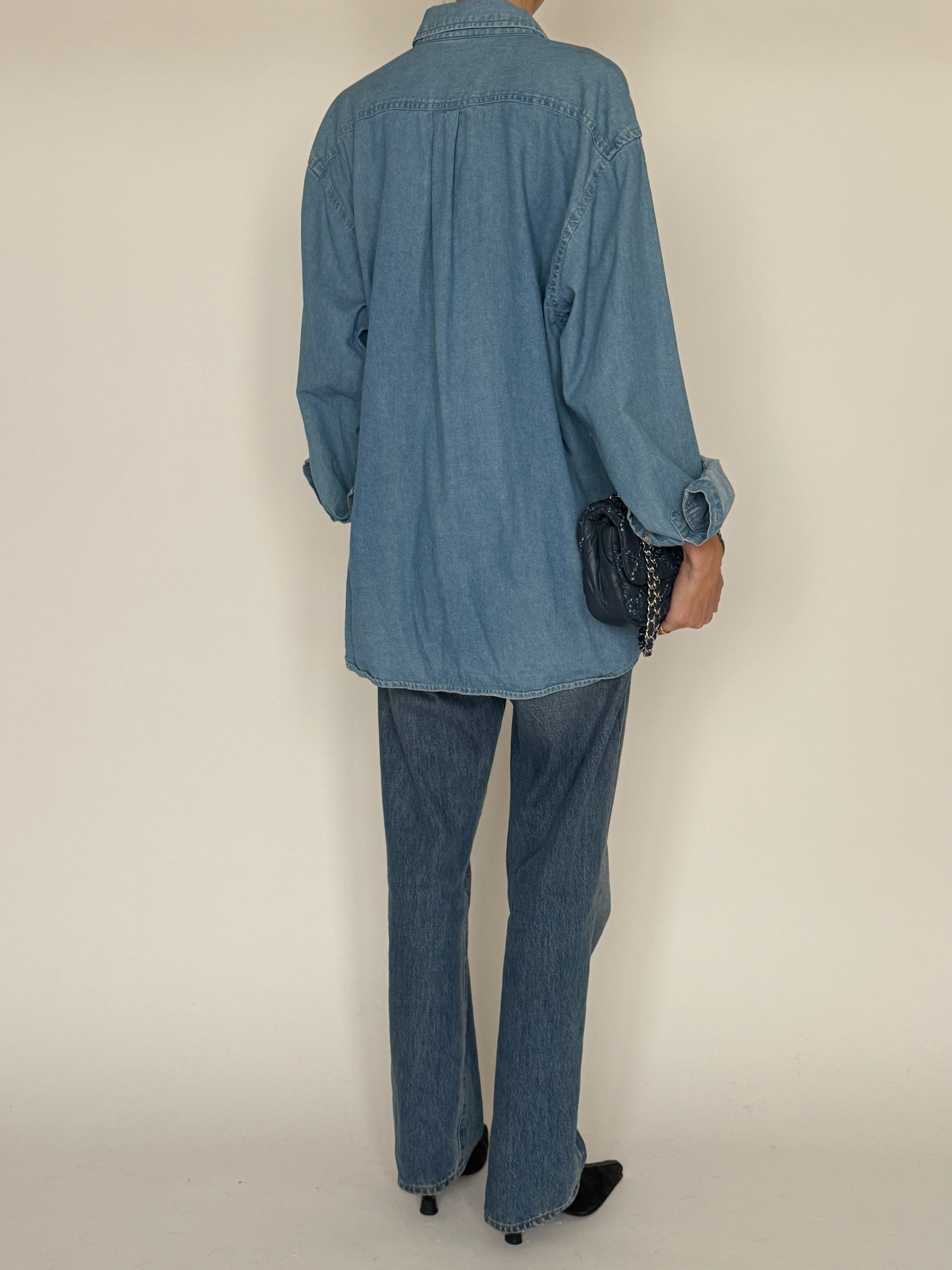 Vintage blue oversized denim shirt back view