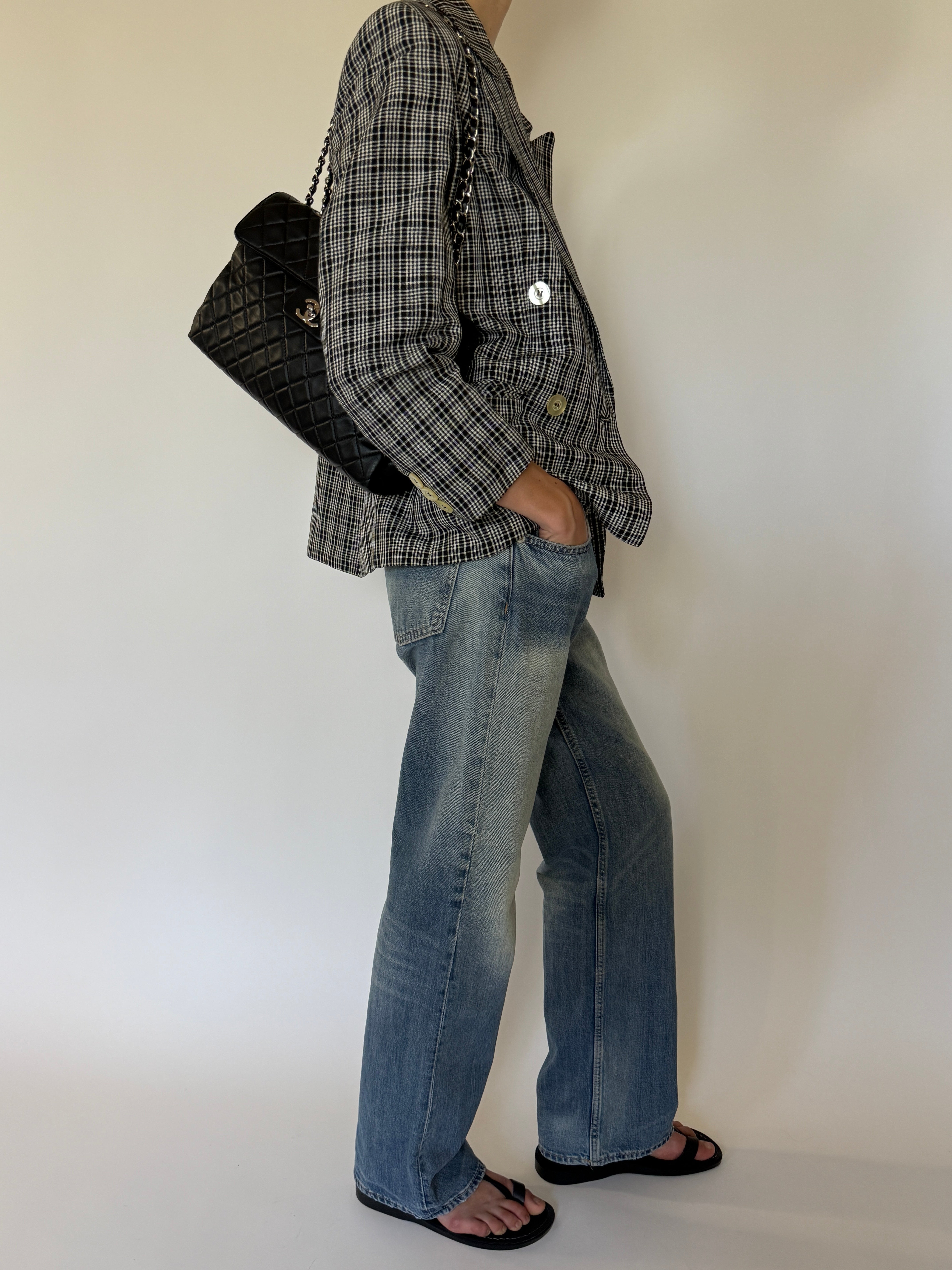 Vintage Double-Breasted Plaid Blazer Black Ivory 7556