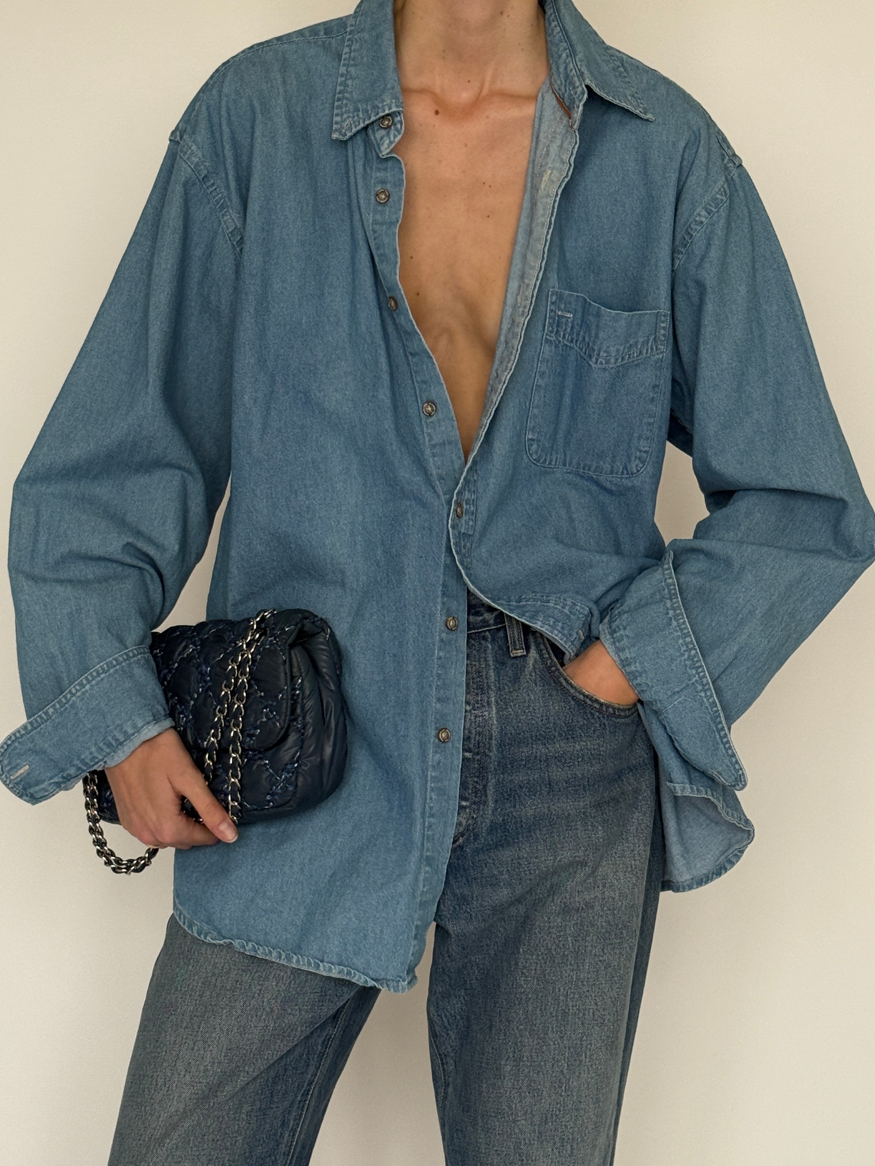 Vintage blue oversized denim shirt front view