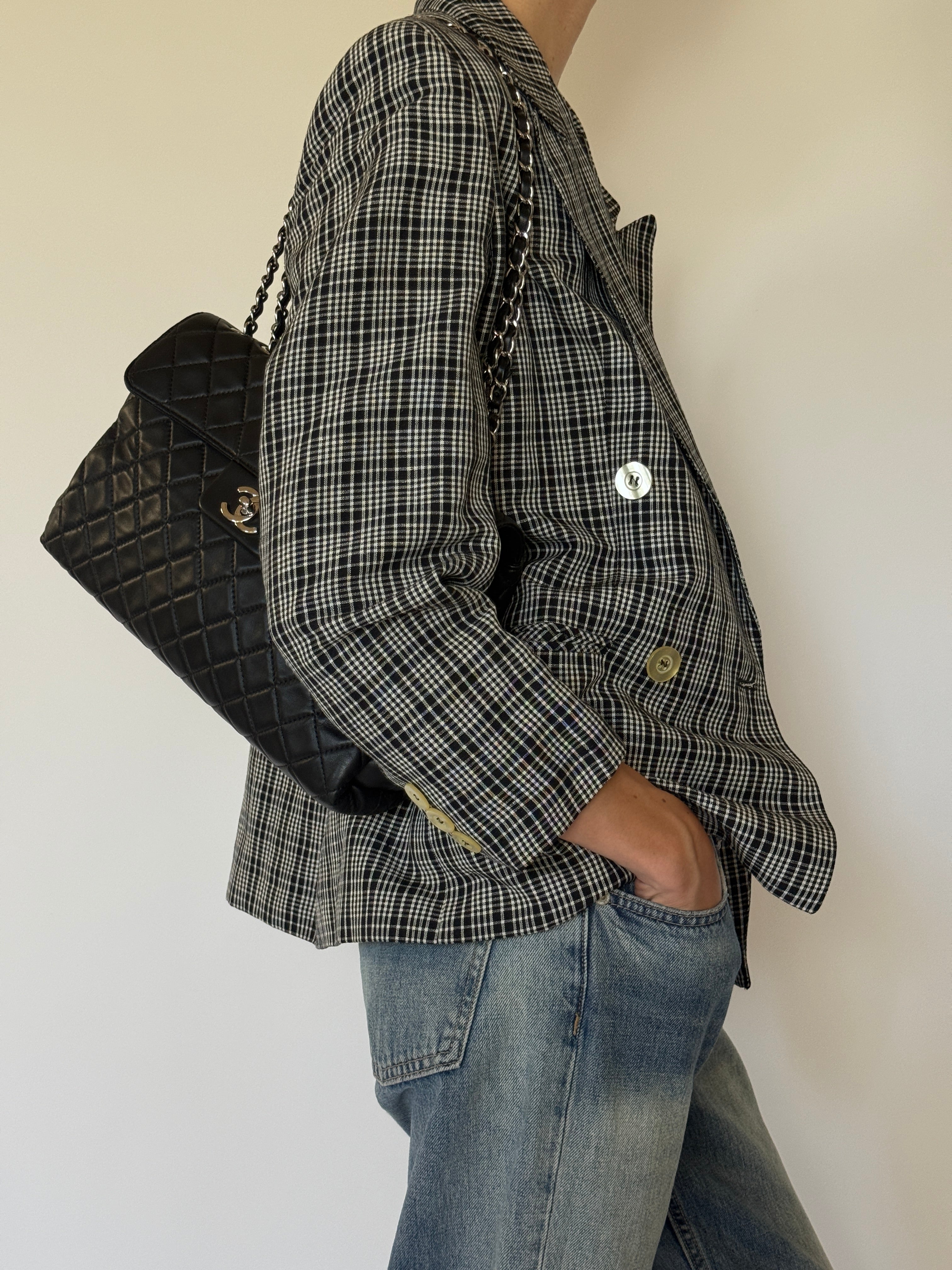 Vintage Double-Breasted Plaid Blazer Black Ivory 7556