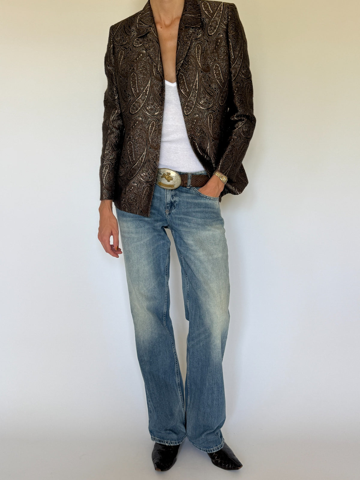 Vintage paisley brocade blazer brown styled front view