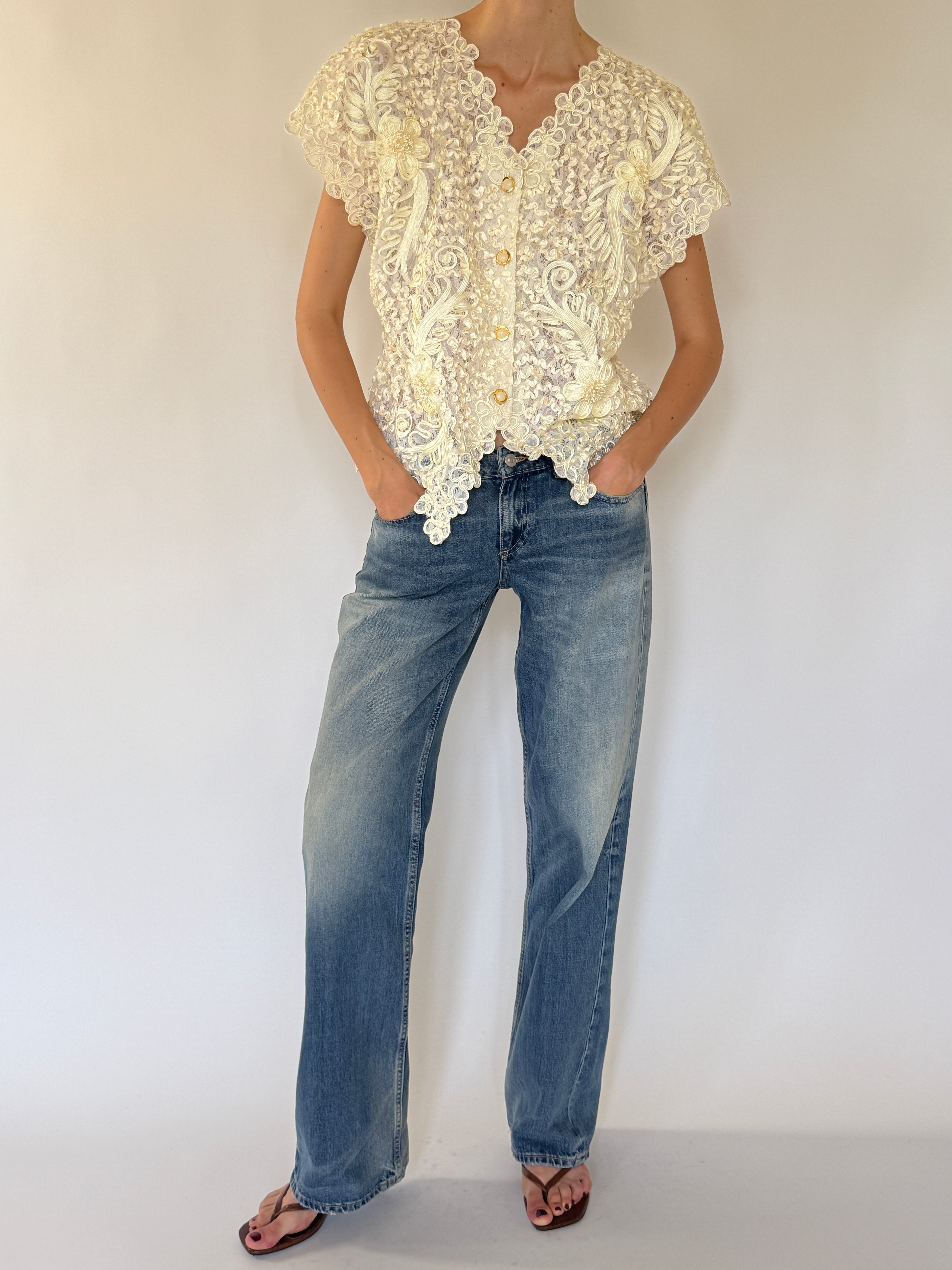 Vintage cream lace floral top full-length view with intricate embroidered lace design