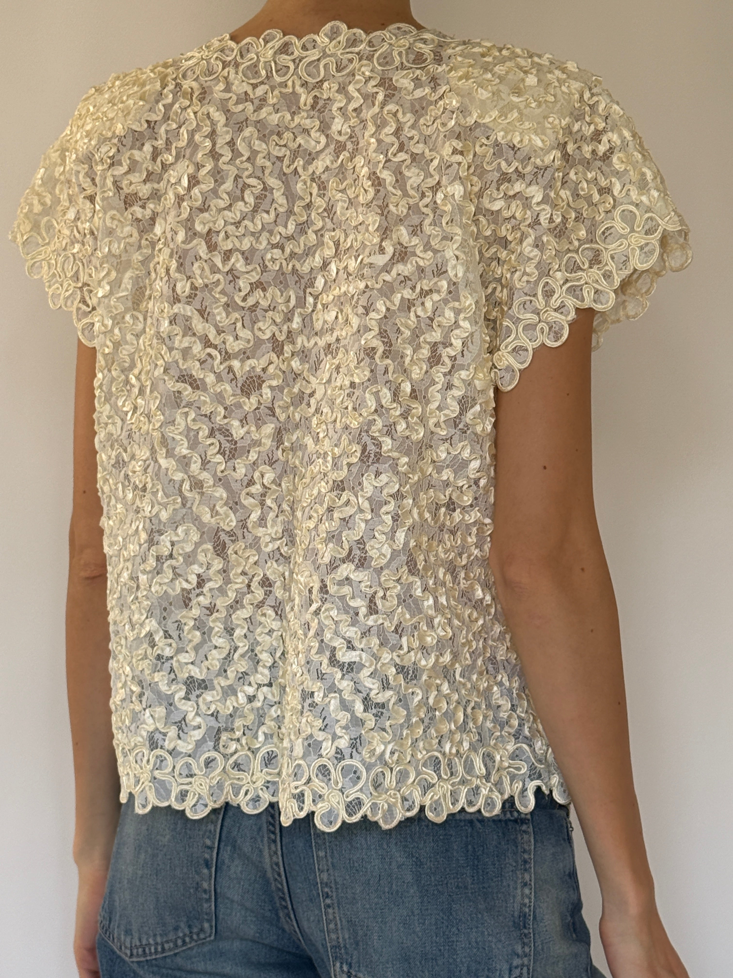Vintage cream lace floral top back view with intricate lace detailing