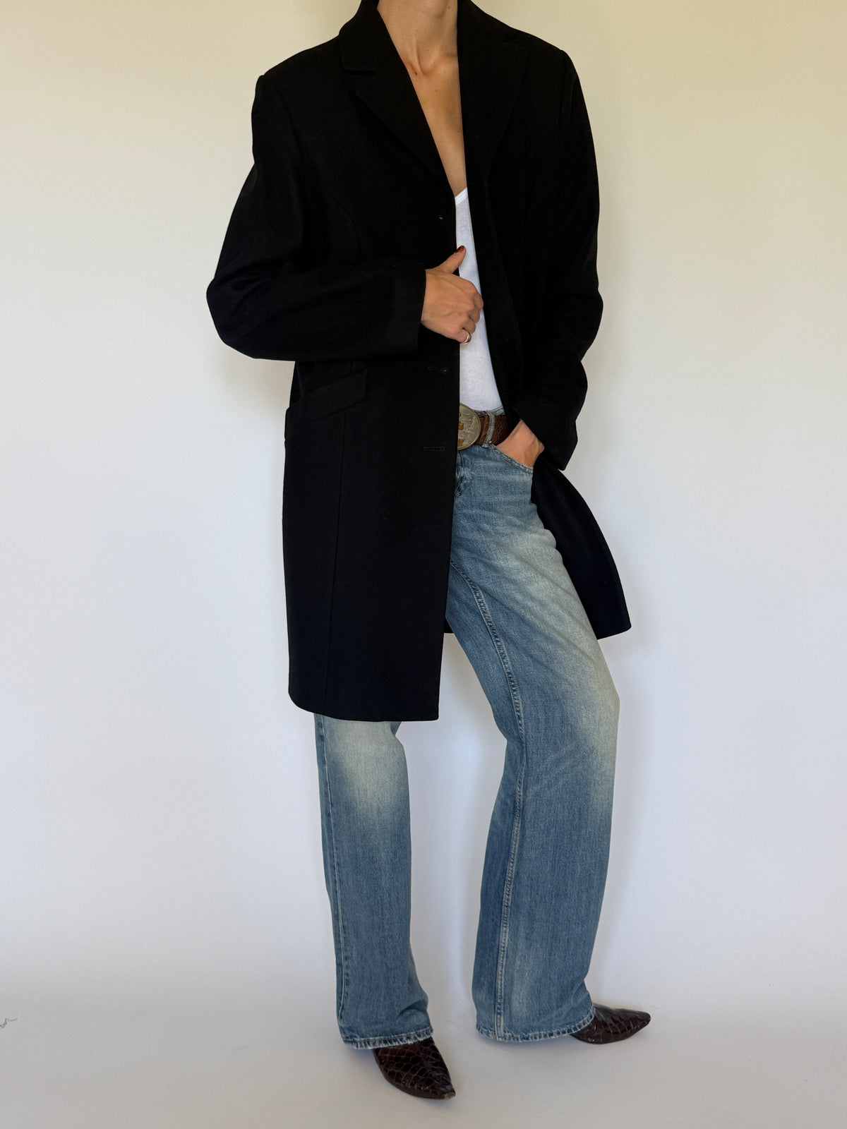 Vintage Wool Blend Long Coat Black 5712