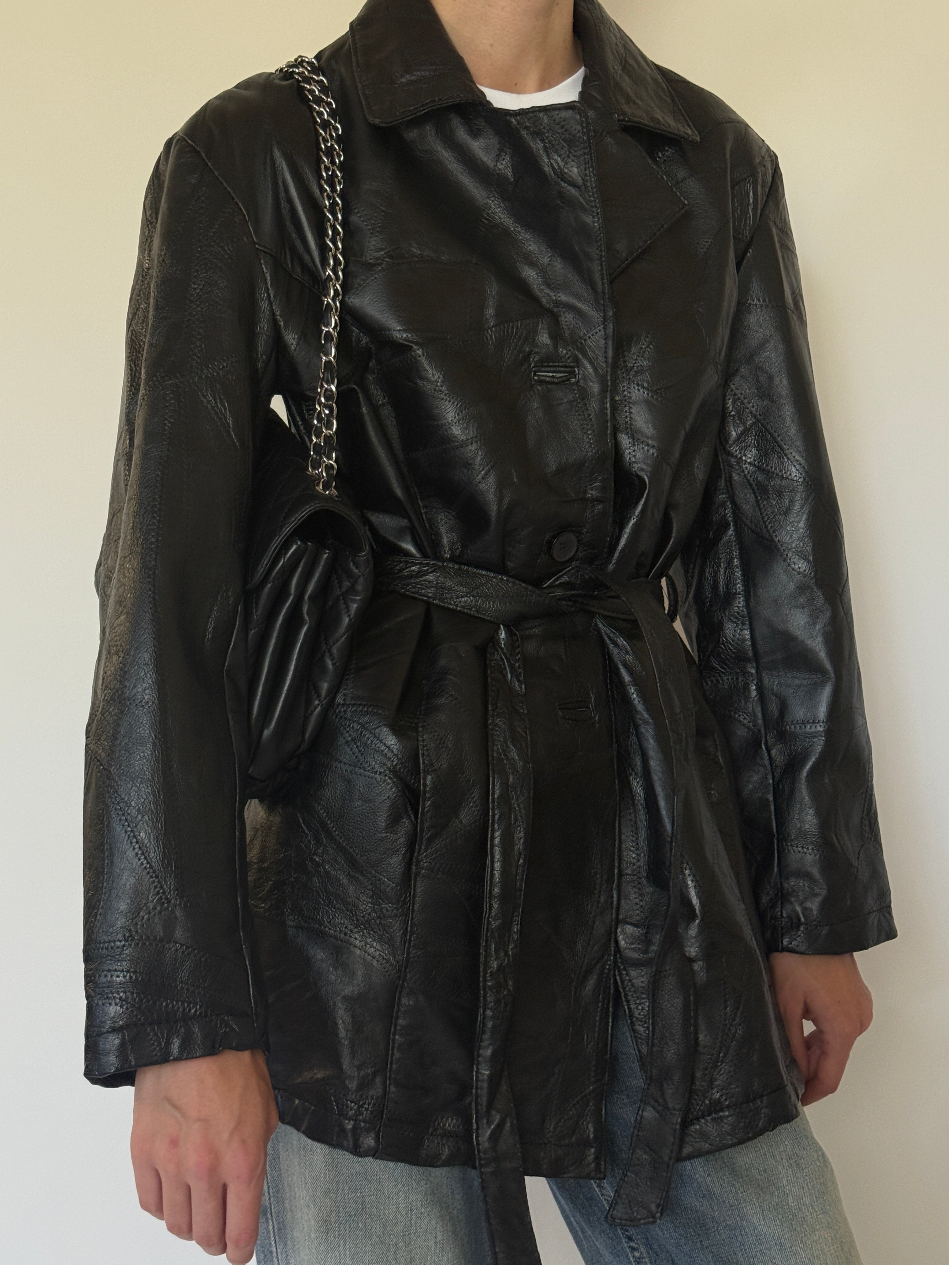 Vintage Patchwork Leather Belted Jacket Black 7482