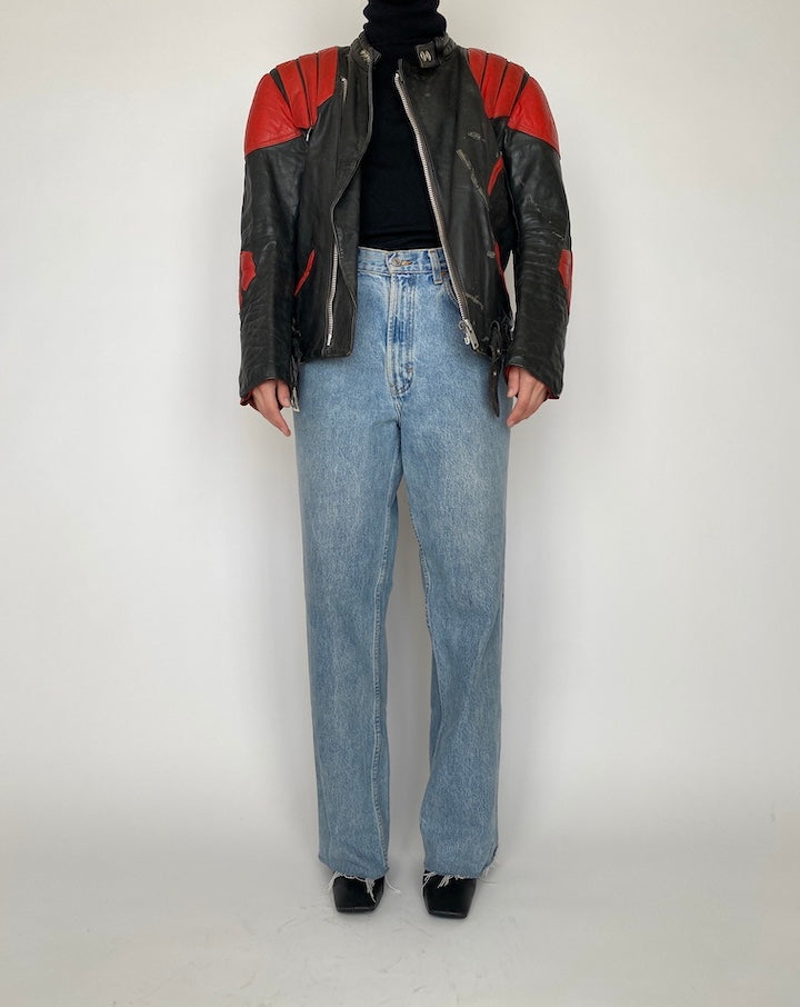 VINTAGE BLACK AND RED BIKER LEATHER JACKET 4165