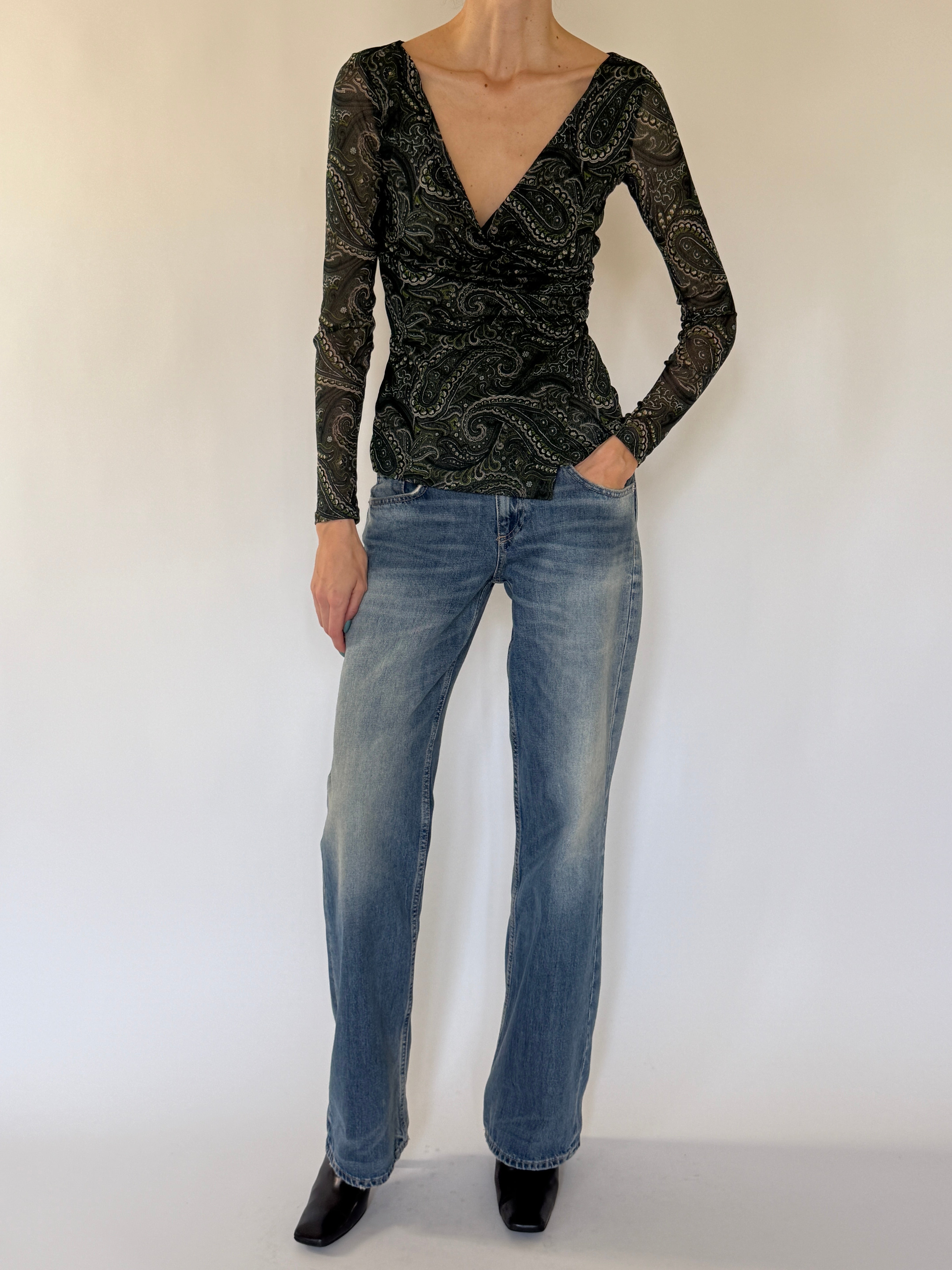 Vintage green paisley mesh wrap top styling view