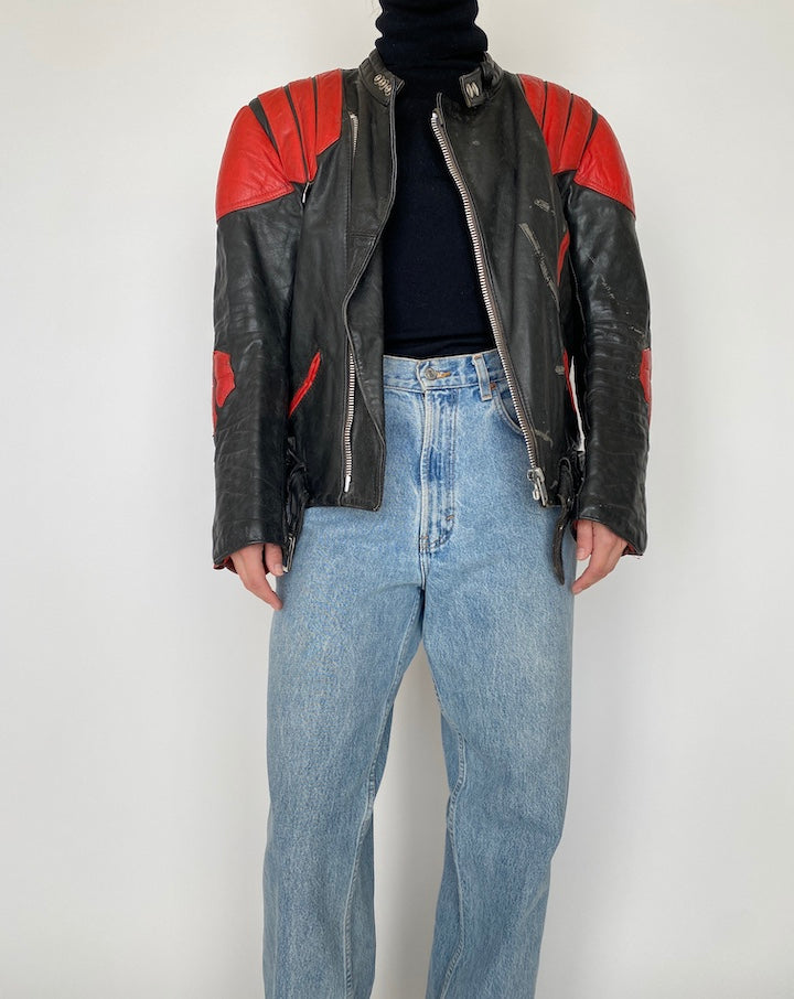 VINTAGE BLACK AND RED BIKER LEATHER JACKET 4165