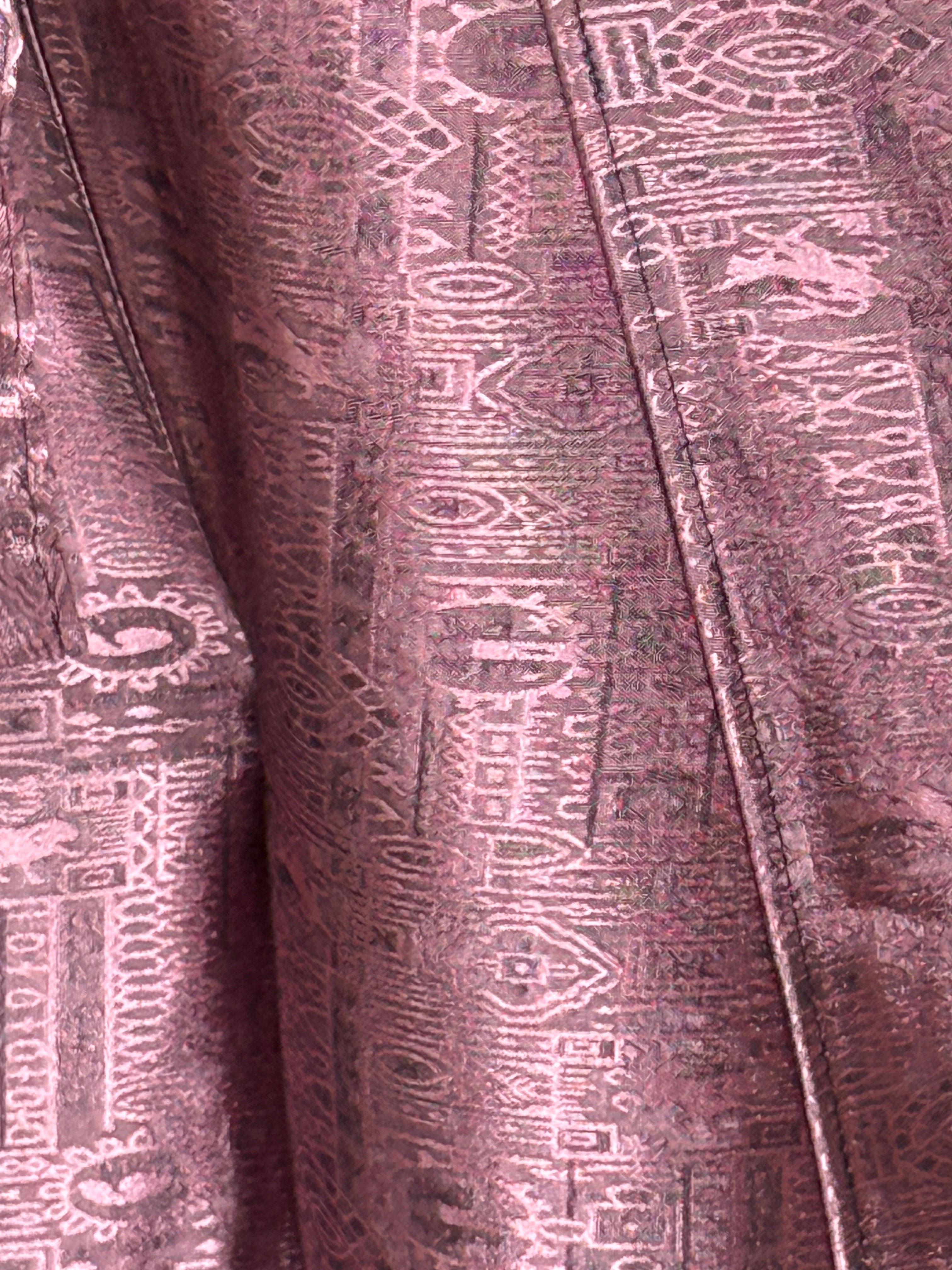 Vintage metallic wrap pants dusty rose fabric close-up