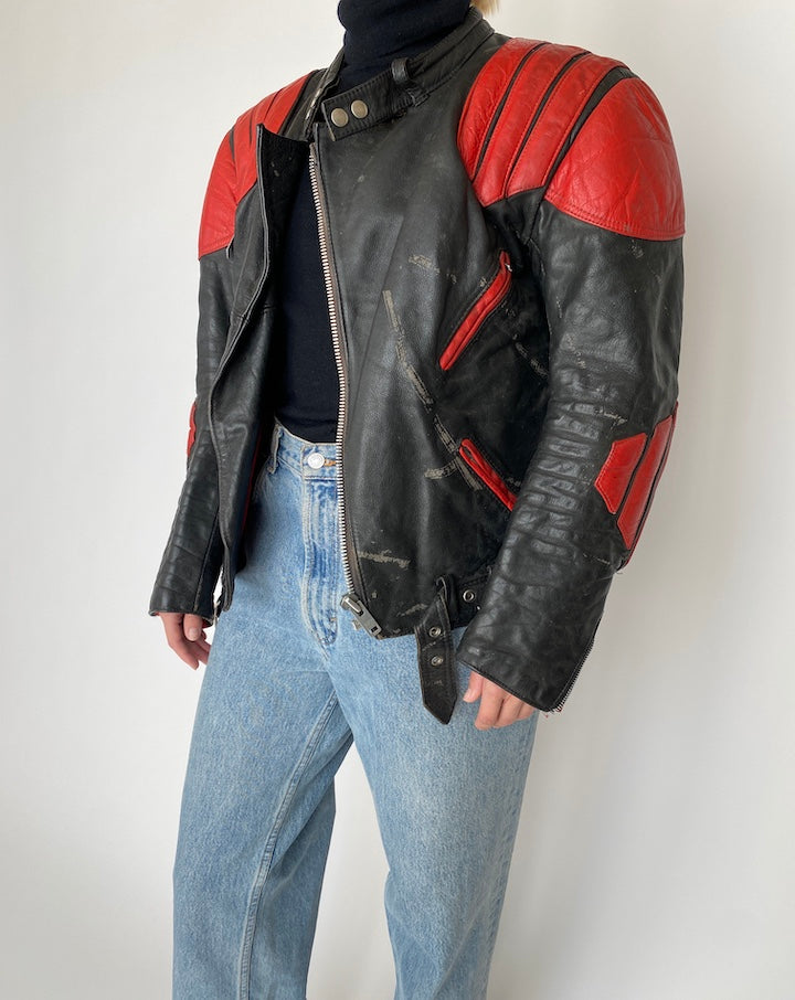VINTAGE BLACK AND RED BIKER LEATHER JACKET 4165