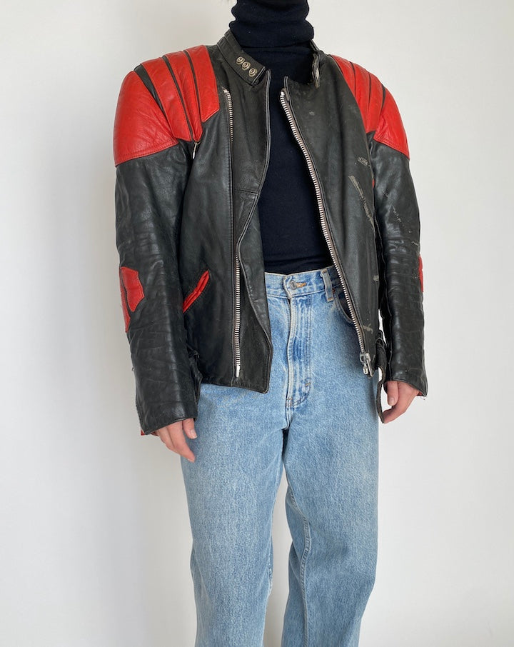 VINTAGE BLACK AND RED BIKER LEATHER JACKET 4165